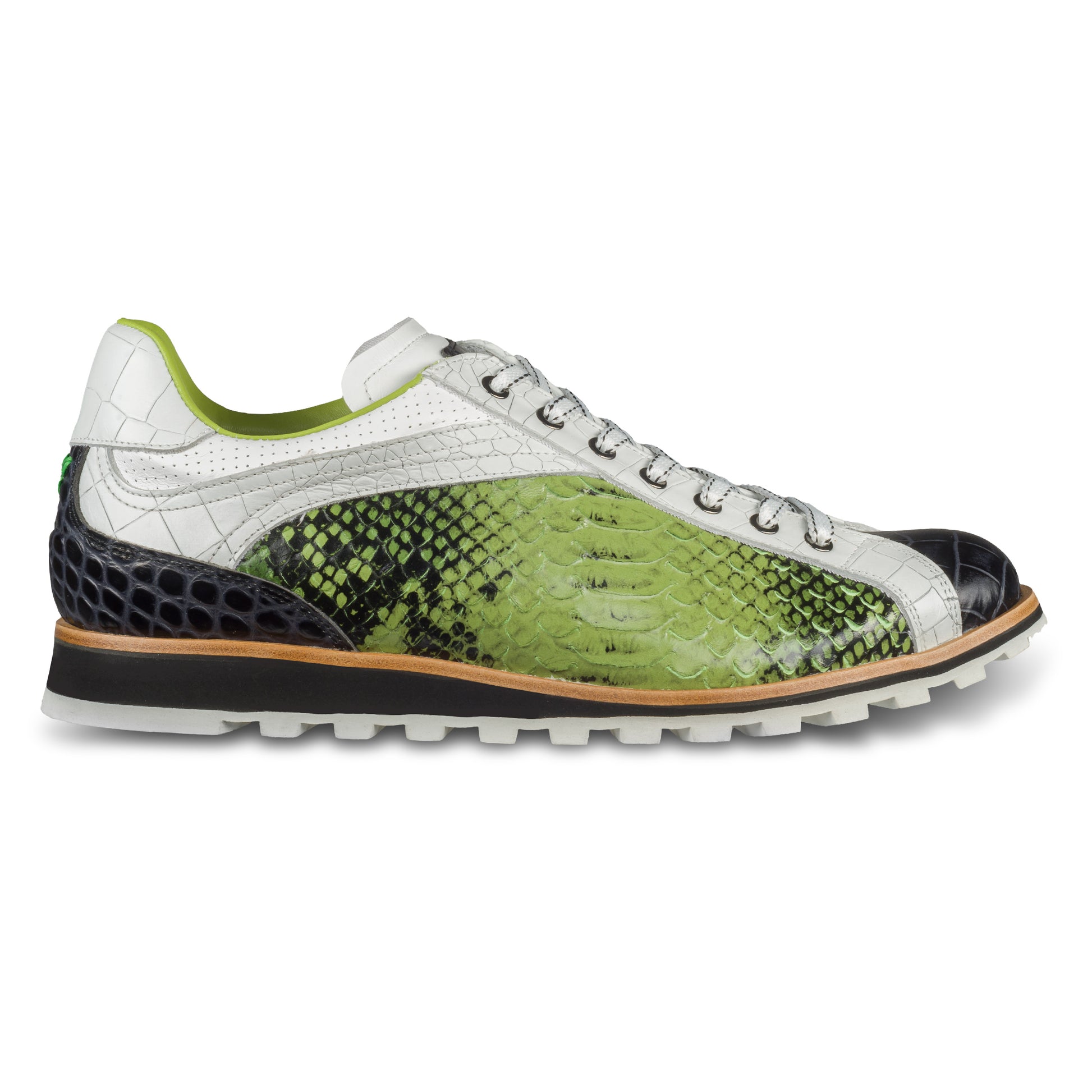 LORENZI Italienische Herren Leder-Sneaker in grün, schwarz und weiß mit Schlangen-Prägung. Handgefertigt. Ansicht der Außenseite rechter Schuh.