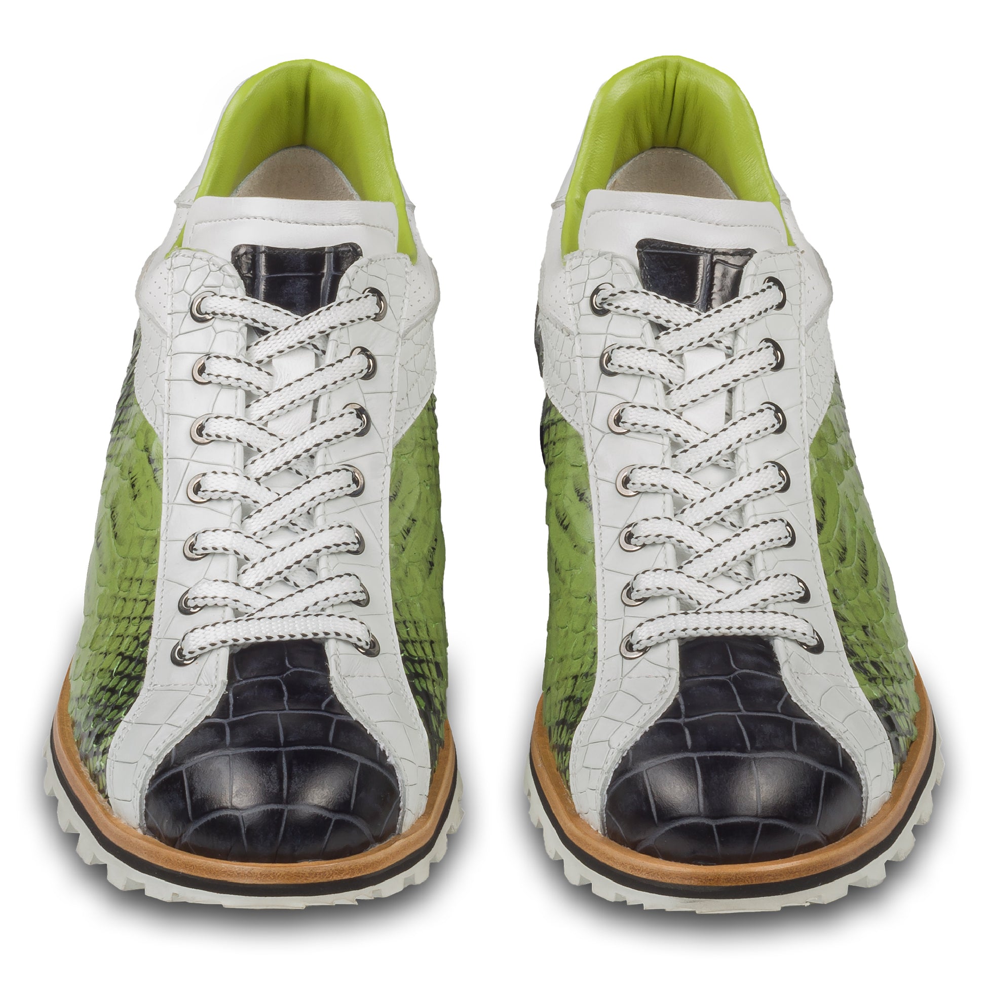 LORENZI Italienische Herren Leder-Sneaker in grün, schwarz und weiß mit Schlangen-Prägung. Handgefertigt. Paarweise Ansicht von vorne.