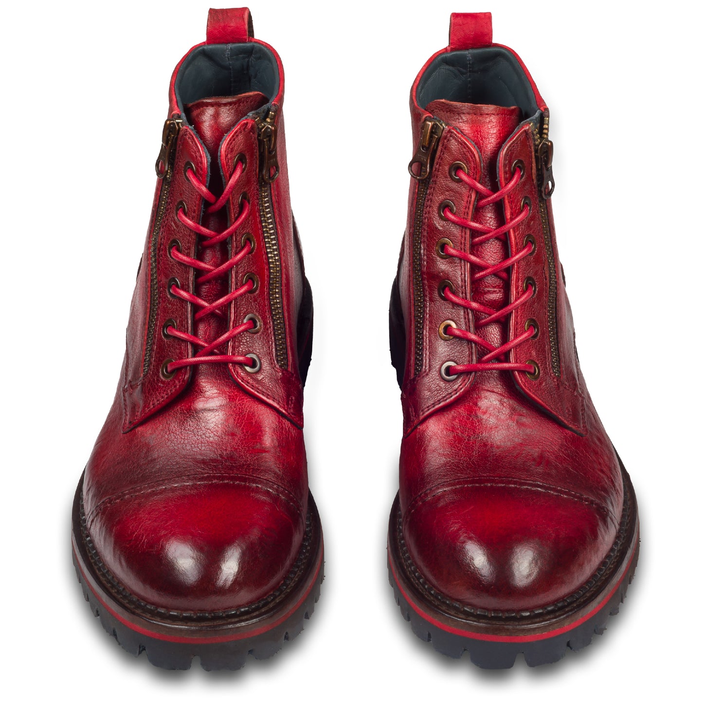 Lorenzi Leder Schnür-Boots rot, stone washed, mit Reißverschluß. Durchgenäht. Paarweise Ansicht von vorne.