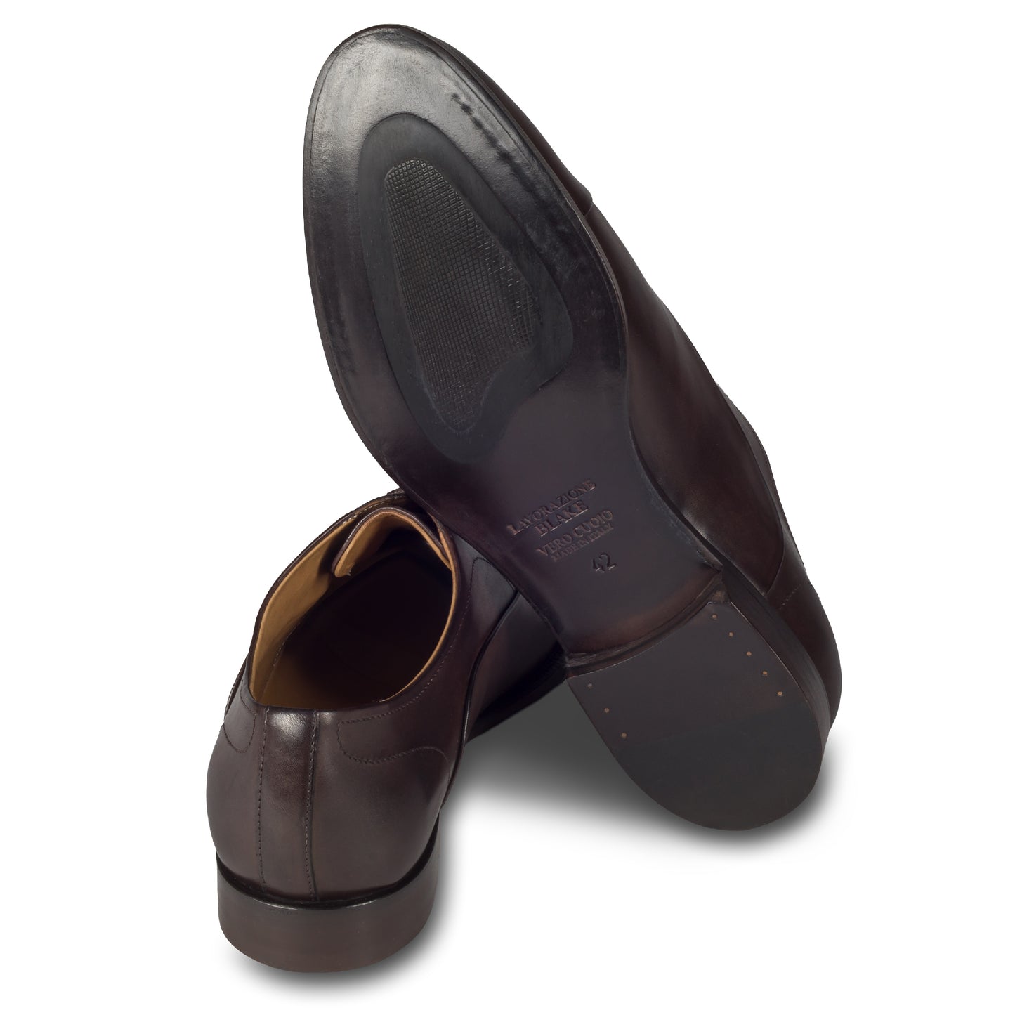 BRECOS Anzugschuhe, Captoe Oxford dunkelbraun, Kalbsleder durchgenäht. Ansicht Ferse und Sohlenunterseite