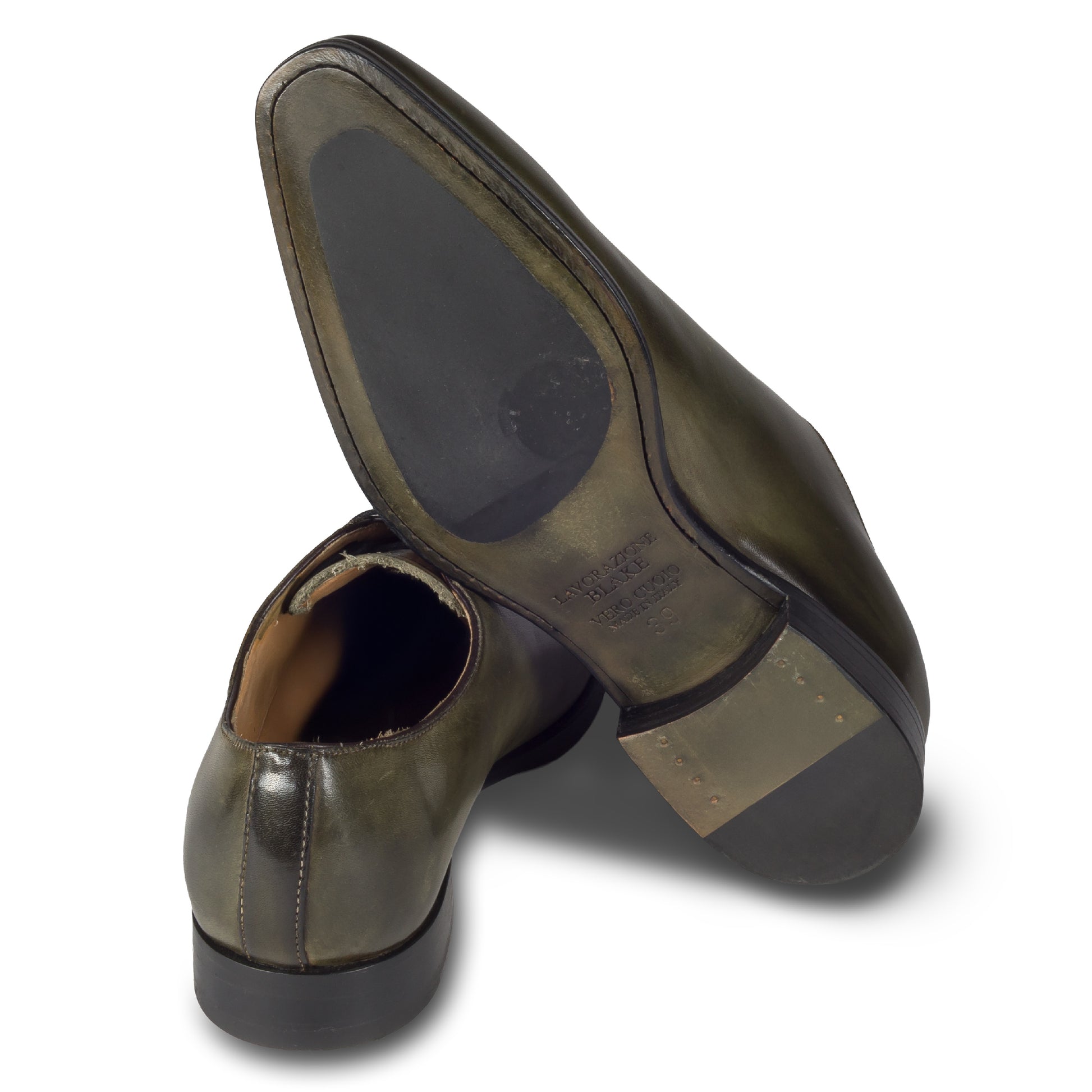 BRECOS Italienische Herren Anzugschuhe aus Kalbsleder, Onecut/Wohlecut in grün, Oxford-Schnürung handgefertigt. Ansicht Sohle und Ferse