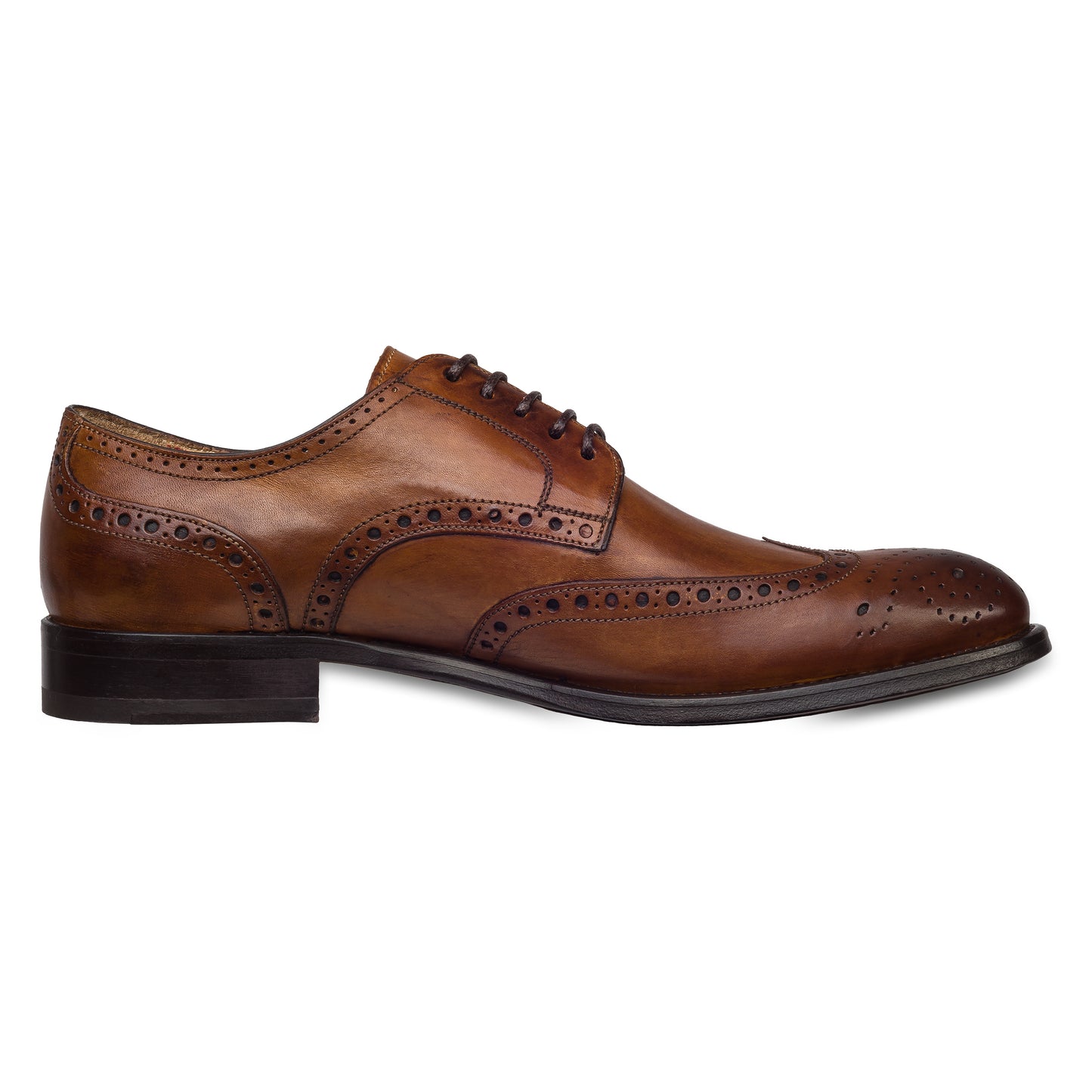 BRECOS Anzugschuhe | Full-Brogue Derby Budapester-Stil cognac braun, Kalbsleder. Ansicht Innenseite linker Schuh