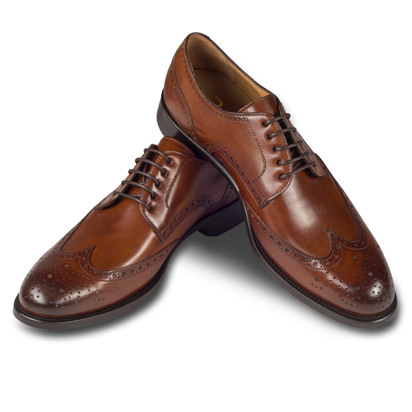 BRECOS Anzugschuhe | Full-Brogue Derby Budapester-Stil cognac braun, Kalbsleder. Überkreuzte paarweise Ansicht