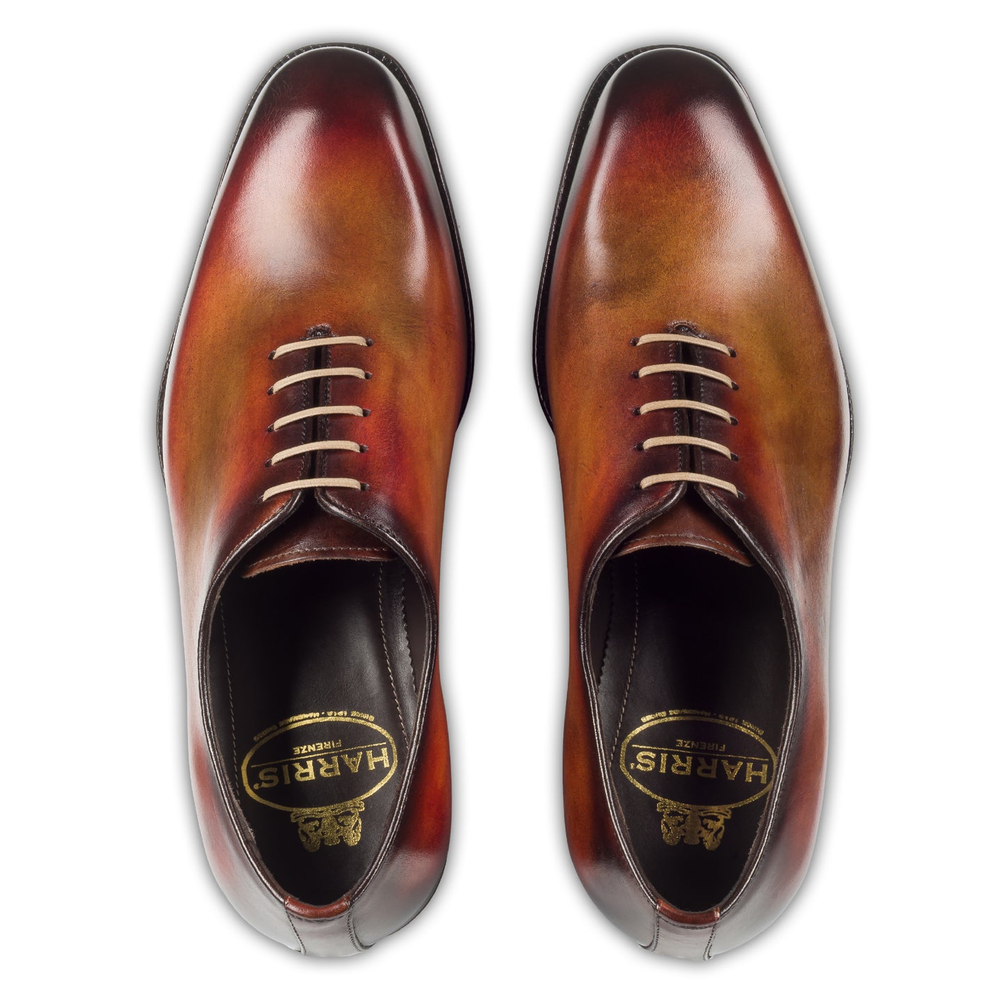 Harris Herren Anzugschuhe / Schnür-Halbschuhe, braun mit handgefärbter Patina. Made in Italy. Durchgenäht. Paarweise Draufsicht.