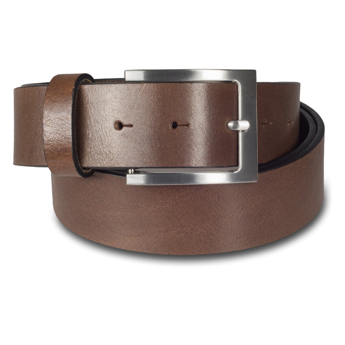 Jeans-Gürtel aus braunem Vollrind-Leder, 3.8 cm breit. Dornschließe in mattiertem silber.