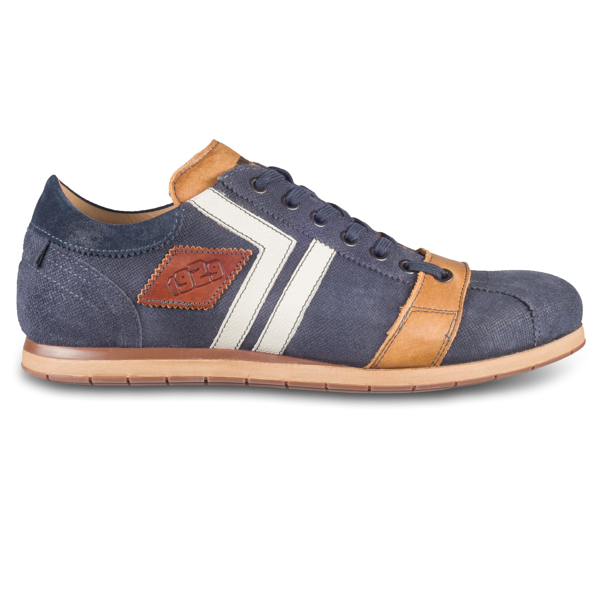 Kamo-Gutsu Sneaker Herren in blau mit braun und weiß (TIFO-030 cancun deep blue). Aus Kalbsleder / Wildleder stonewashed. Handgefertigt Made in Italy. Ansicht Außenseite rechter Schuh.