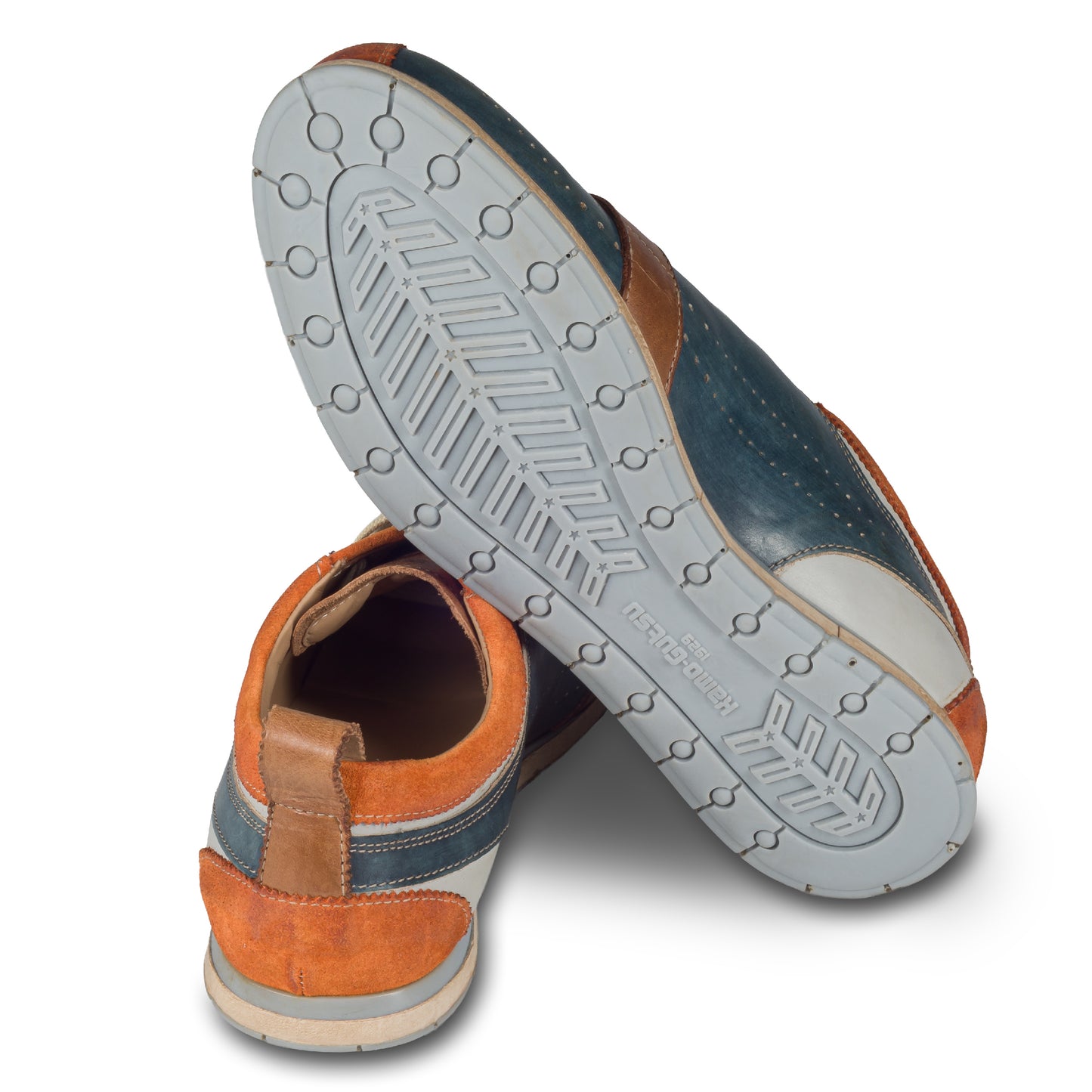 KAMO-GUTSU Herren Leder Sneaker, blau / orange, Modell TIFO017 arancio-navy. Ansicht Ferse und Sohlenunterseite