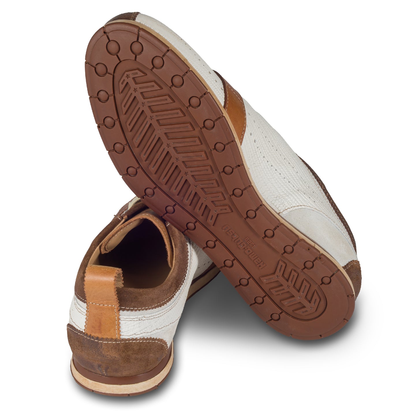 KAMO-GUTSU Herren Leder Sneaker, weiß/braun, Modell TIFO017 hazel-bianco. Ansicht Ferse und Sohlenunterseite