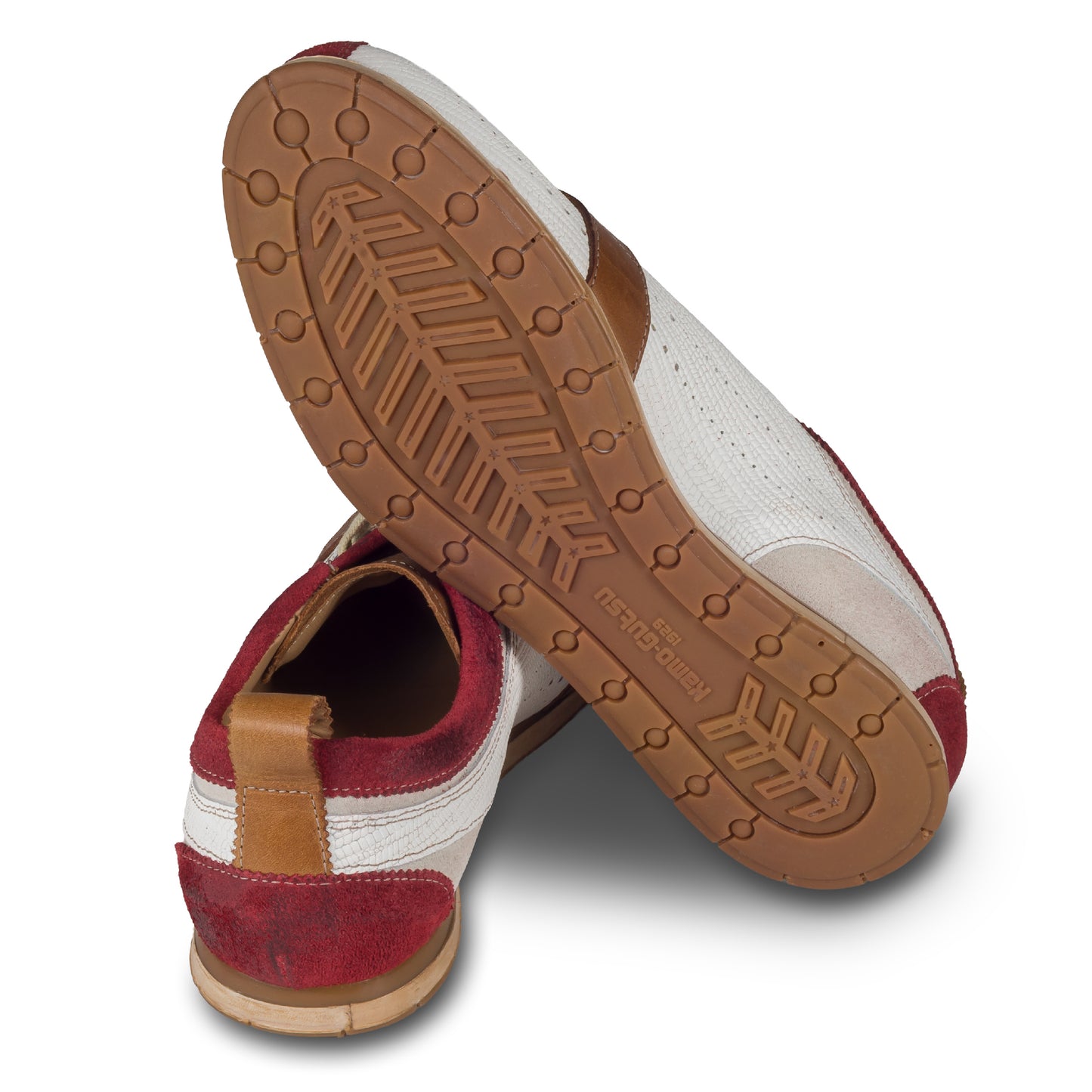 KAMO-GUTSU Herren Leder Sneaker, weiß/rot, Modell TIFO017 sangue-bianco. Ansicht Ferse und Sohlenunterseite.