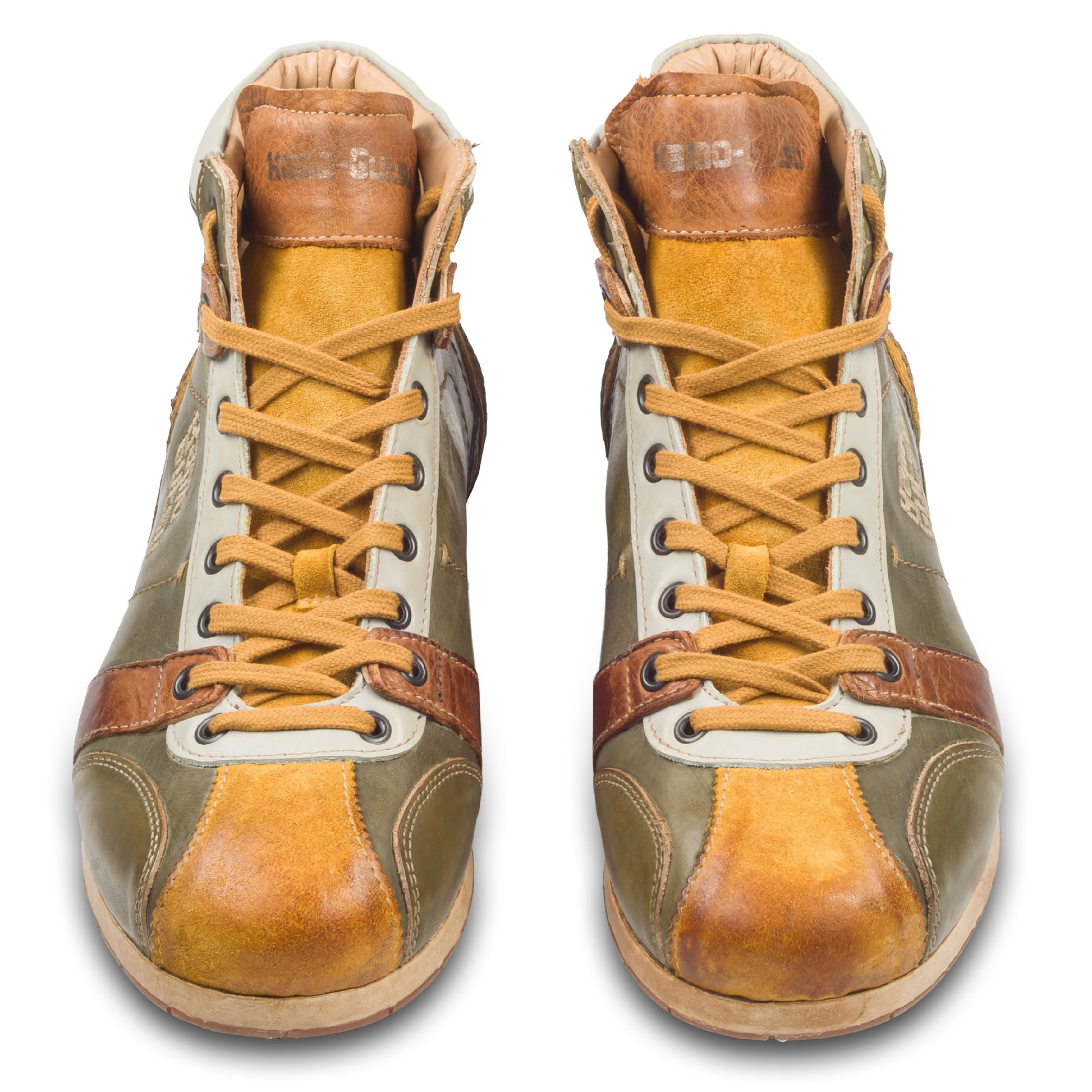 Kamo-Gutsu Sneaker-Stiefel Herren in grün mit gelb und braun (TIFO-112 ocra foresta). Aus Kalbsleder stonewashed. Handgefertigt Made in Italy. Paarweise Ansicht von vorne