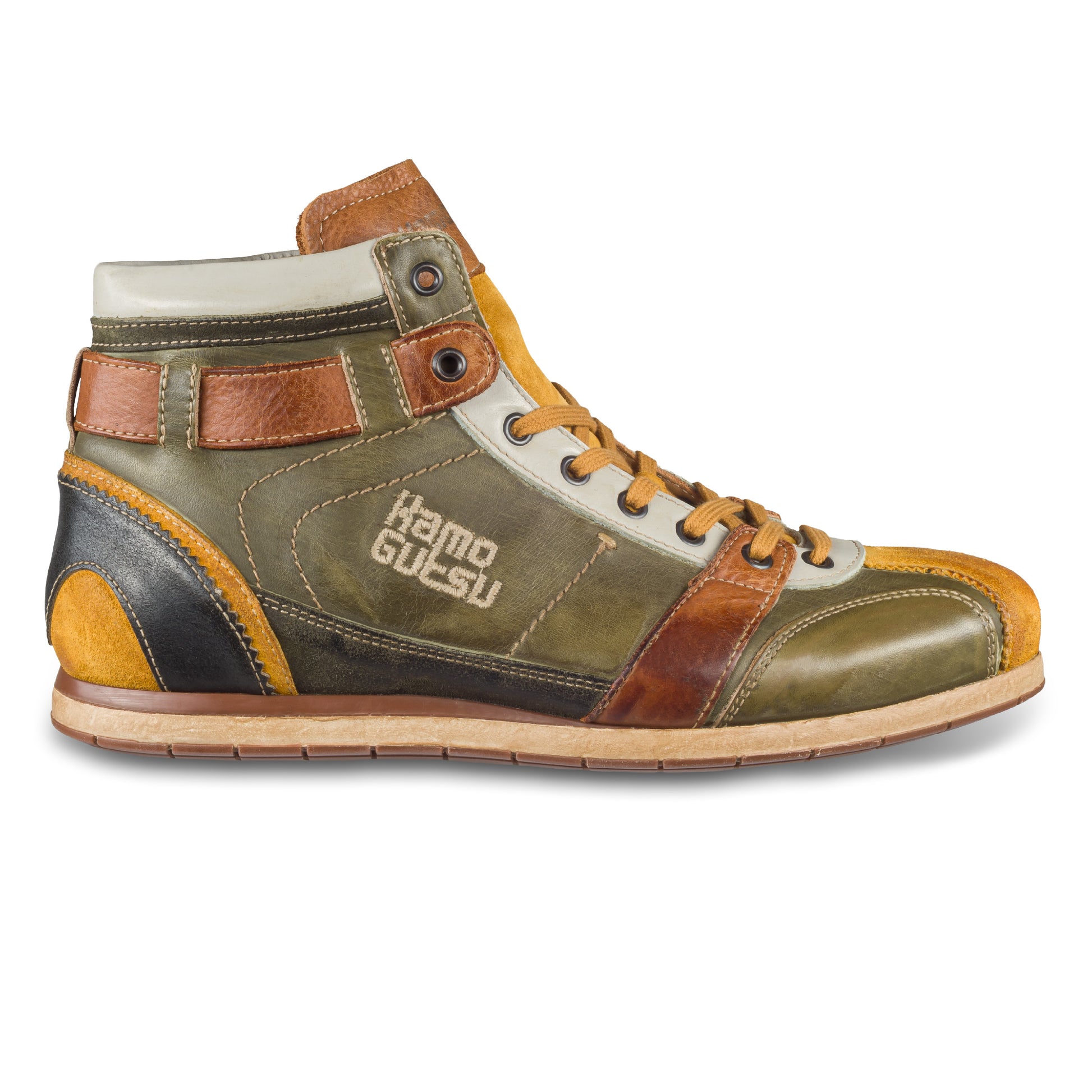 Kamo-Gutsu Sneaker-Stiefel Herren in grün mit gelb und braun (TIFO-112 ocra foresta). Aus Kalbsleder stonewashed. Handgefertigt Made in Italy. Außenansicht rechter Schuh