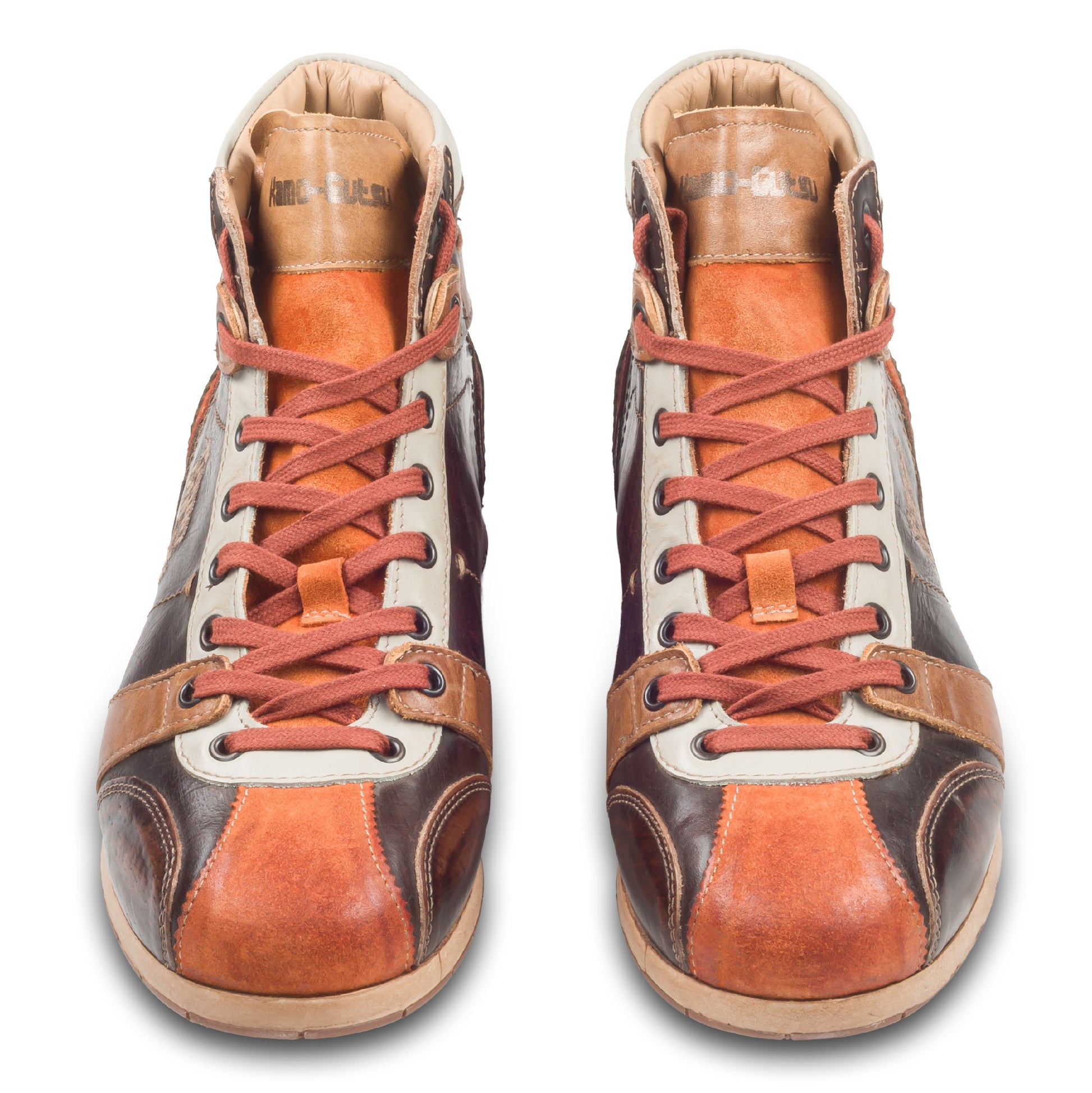Kamo-Gutsu Sneaker-Stiefel Herren in braun mit orange  (TIFO-112 arancio caffe). Aus Kalbsleder stonewashed. Handgefertigt Made in Italy. Paarweise Ansicht von vorne.