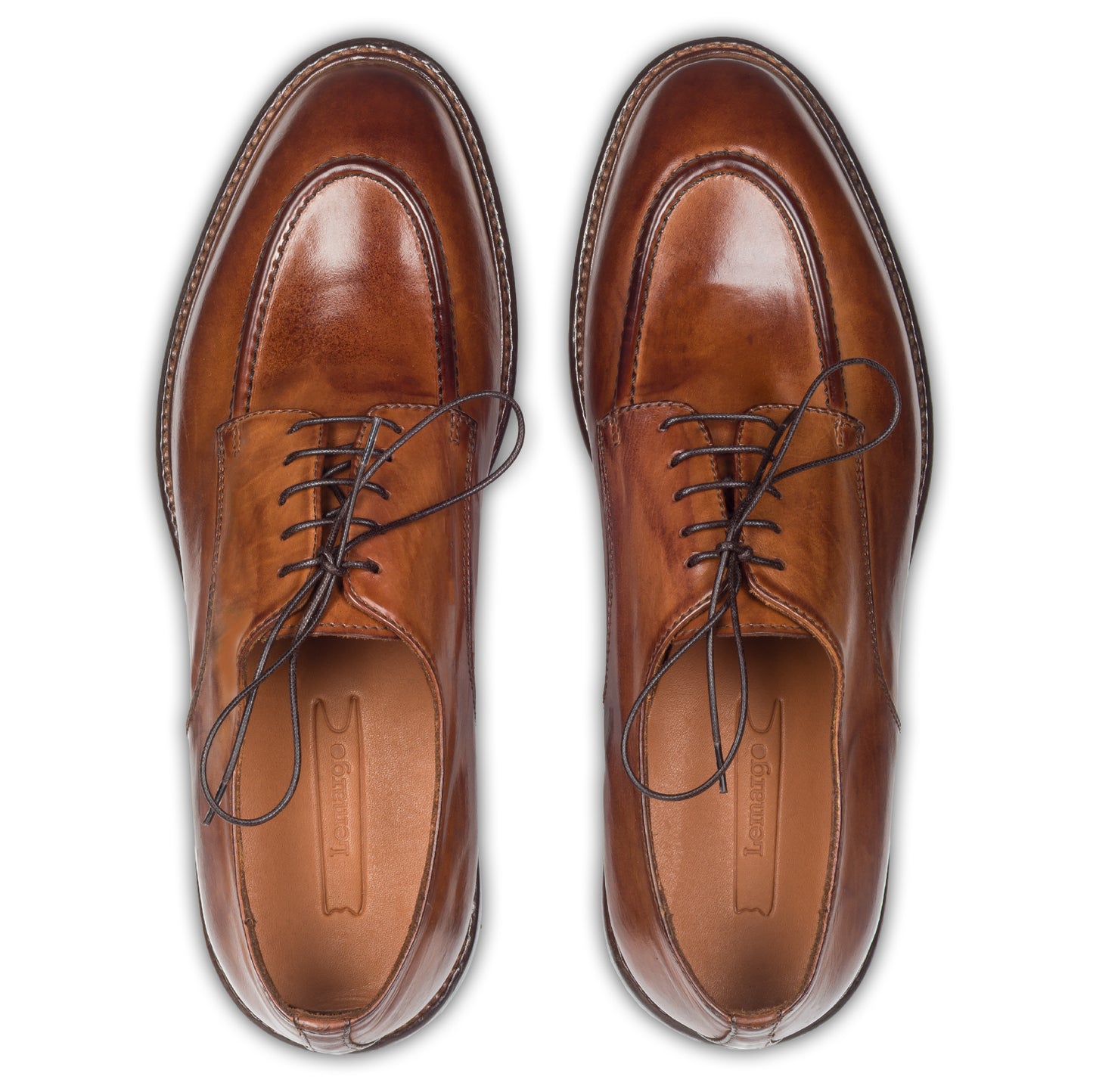 Lemargo Herren Schnür-Halbschuhe, cognak braun, Kalbsleder im Vintage-Look. Handgefertigt und Durchgenäht. Paarweise Draufsicht