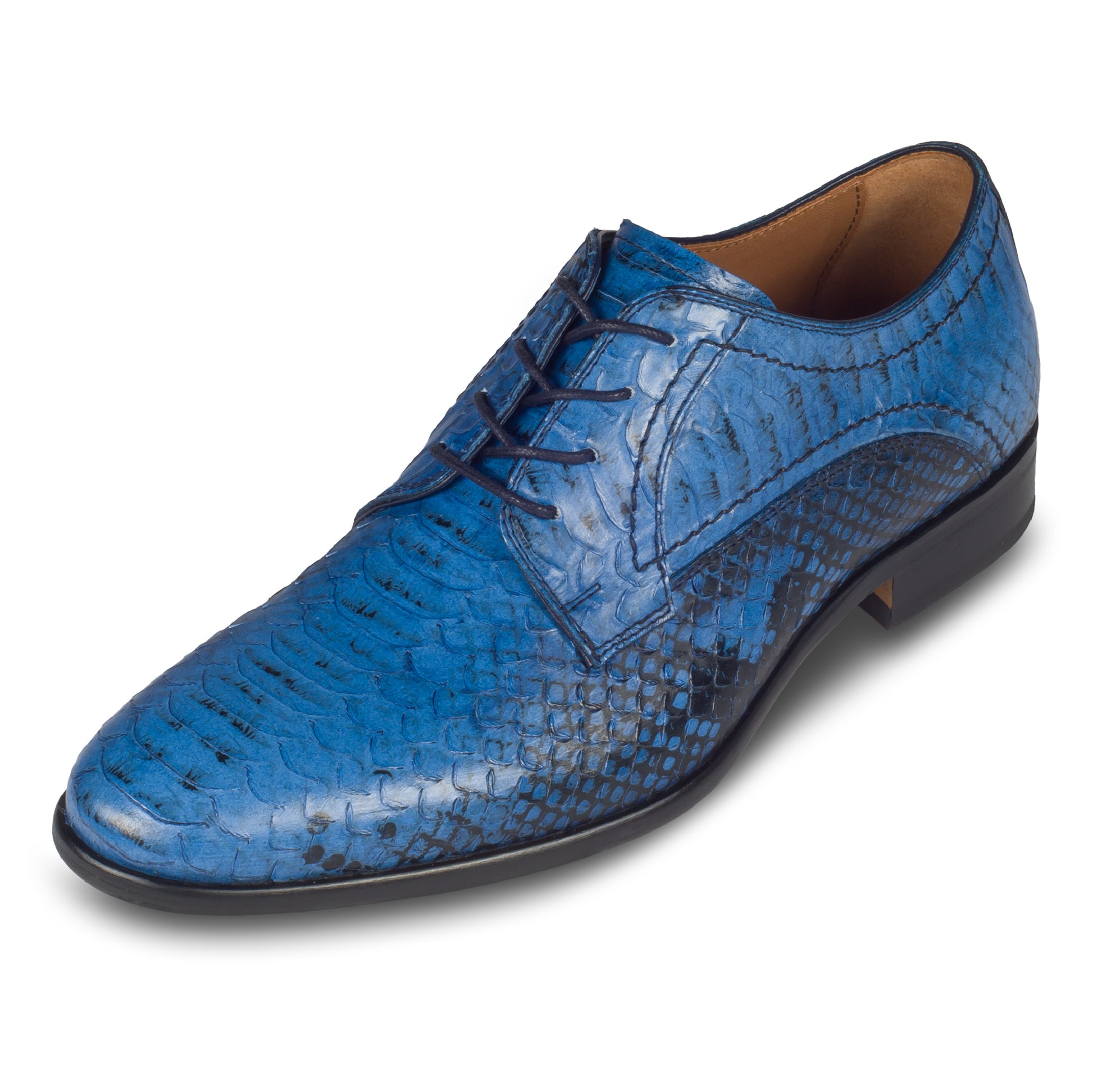 LORENZI Herren Halbschuhe blau, Kalbsleder in Schlangenoptik. Handgefertigt und durchgenäht in Italien. Schräge Ansicht linker Schuh.