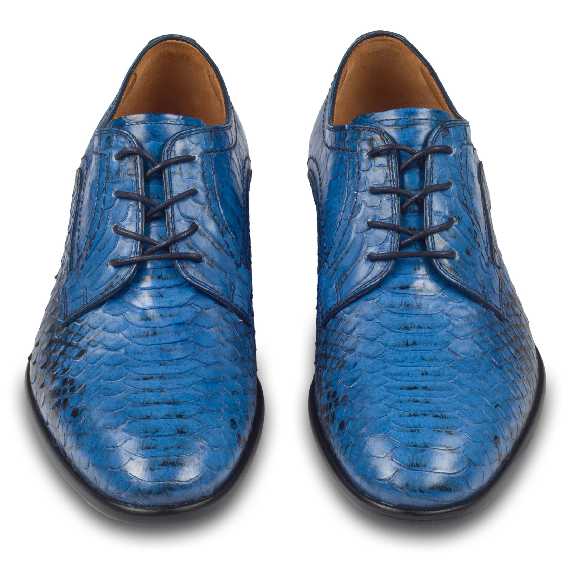 LORENZI Herren Halbschuhe blau, Kalbsleder in Schlangenoptik. Handgefertigt und durchgenäht in Italien. Paarweise Ansicht von vorne.