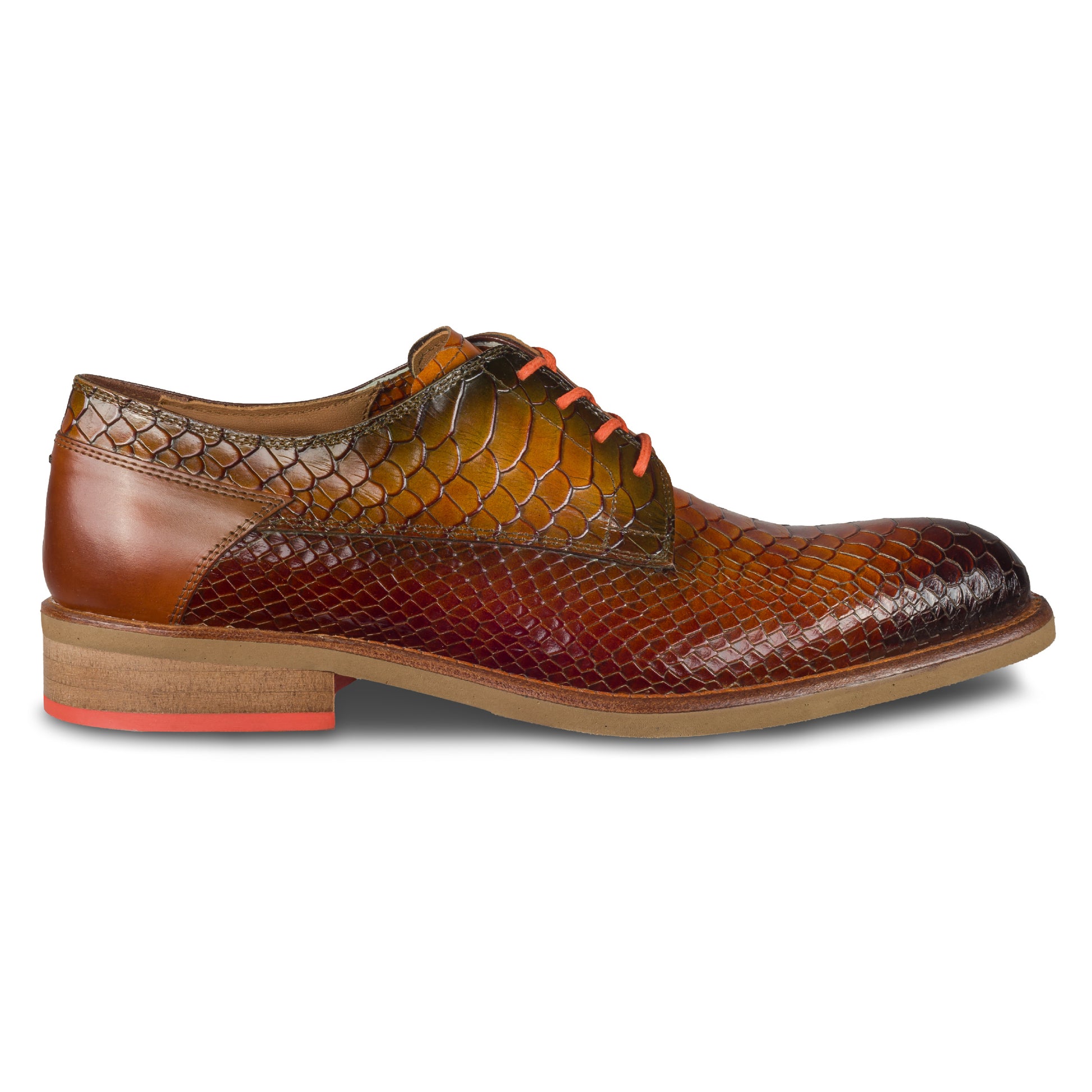 Lorenzi - Extravaganter Herren Derby Schnürer mit Kroko-Prägung in cognak braun. Aus Kalbsleder mit Gummisohle. Durchgenäht und handgefertigt in Italien. Ansicht der Außenseite rechter Schuh.