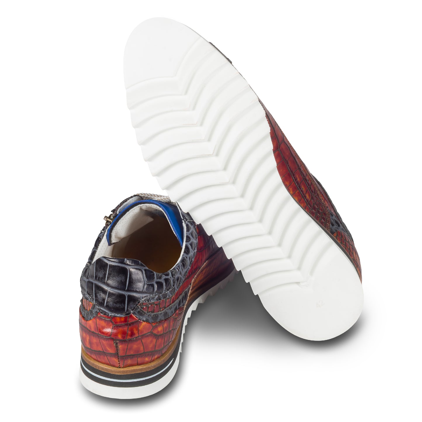 Lorenzi - Herren Leder-Sneaker in blau / braun / schwarz. Aus Kalbsleder mit Kroko-Prägung und Reißverschluß. Handgefertigt in Italien. Ansicht der Ferse und Sohlenunterseite.