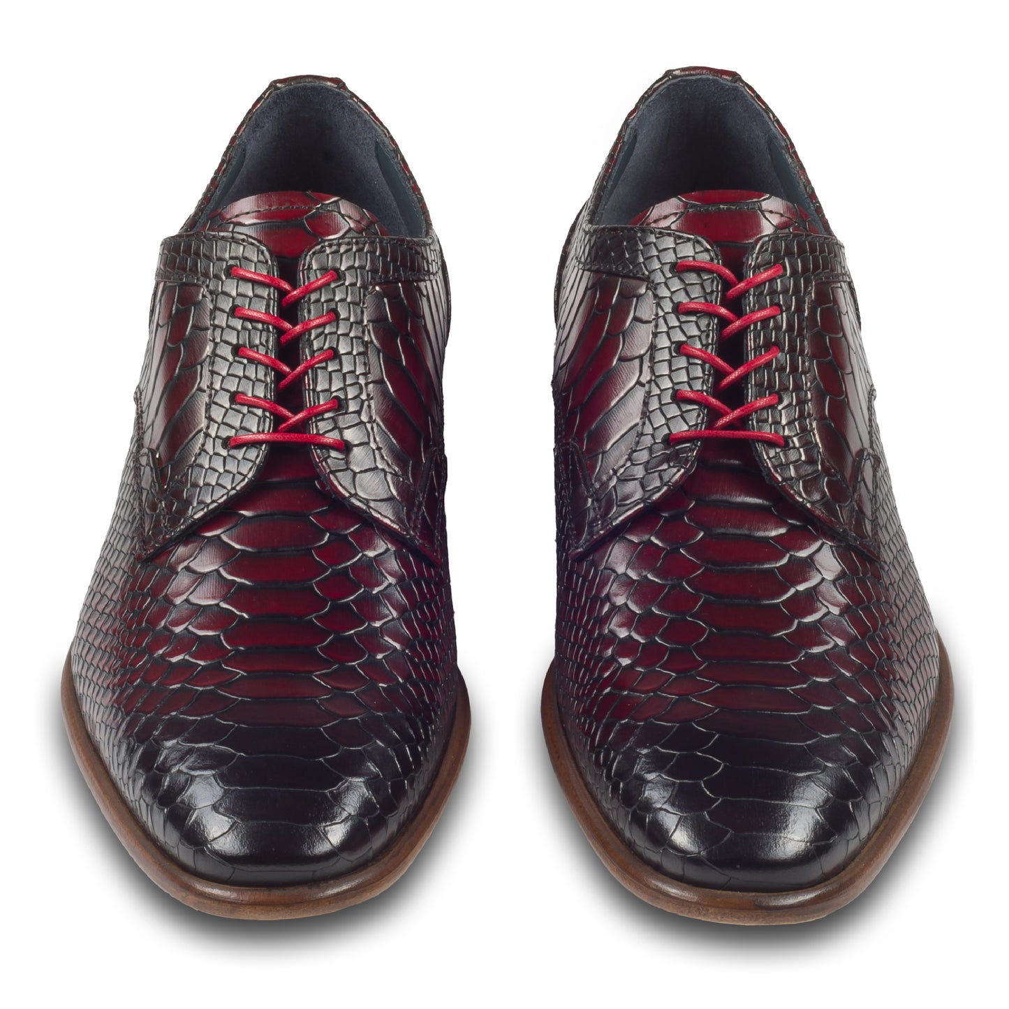 Lorenzi Extravaganter Herren Derby Schnürschuh aus rot/schwarzem Kalbsleder in Kroko-Optik. Handgefertigt und Durchgenäht. Paarweise Ansicht von vorne.