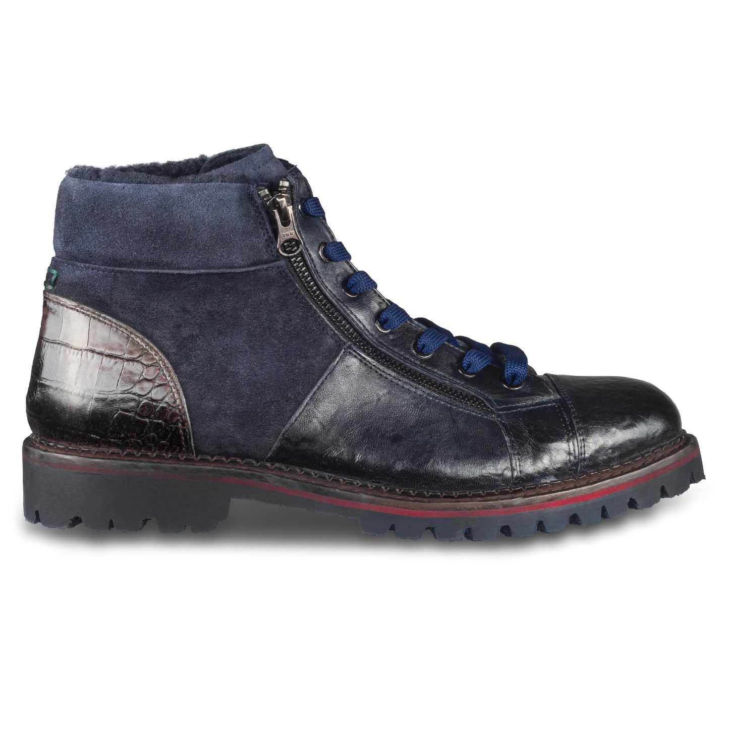 LORENZI Winterstiefelette Herren mit Lammfell & Reißverschluß, blaues Kalbsleder mit Wildleder. Handgefertigt / durchgenäht in Italien. Ansicht Außenseite rechter Schuh