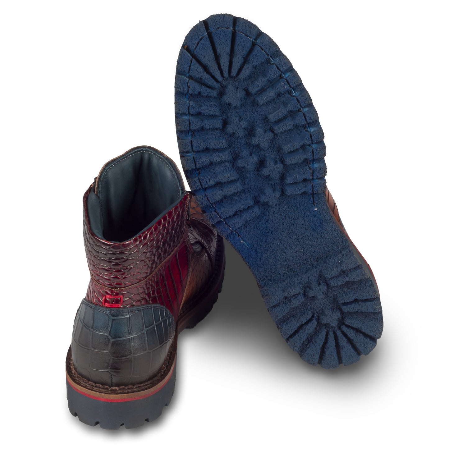 LORENZI Schnürstiefelette Herren mit Reißverschluß braun, Kalbsleder mit Krokoprägung. Handgefertigt / durchgenäht in Italien. Ansicht Ferse und Sohlenunterseite