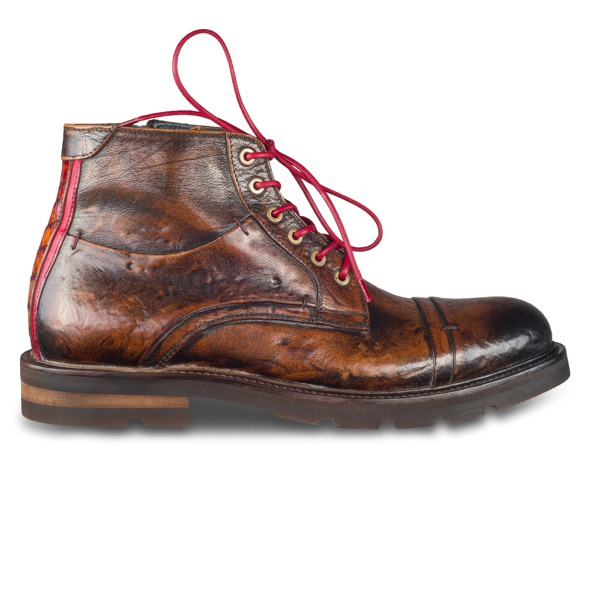 LORENZI Schnürstiefelette Herren mit Reißverschluß, braun - Kalbsleder im Vintage-Look. Handgefertigt / durchgenäht in Italien. Ansicht Außenseite rechter Schuh