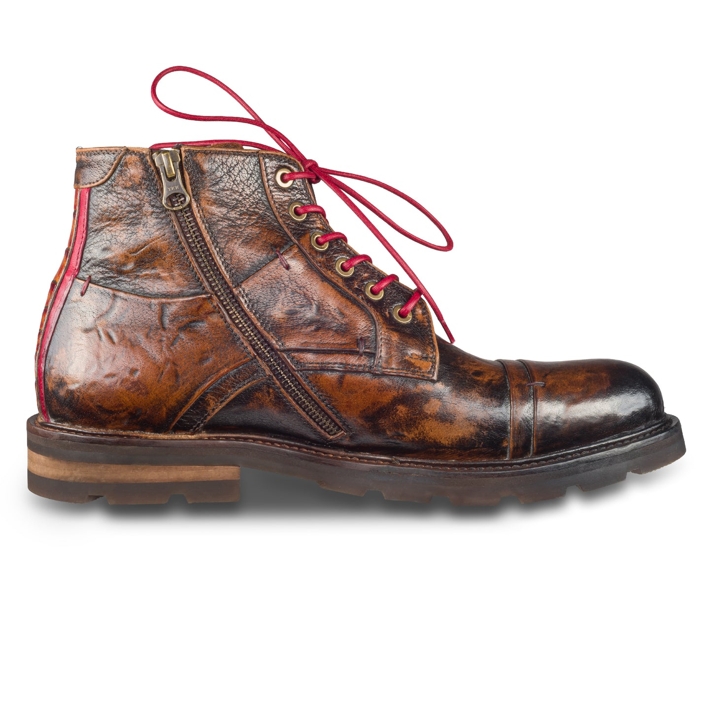 LORENZI Schnürstiefelette Herren mit Reißverschluß, braun - Kalbsleder im Vintage-Look. Handgefertigt / durchgenäht in Italien. Ansicht linker Schuh Innenseite