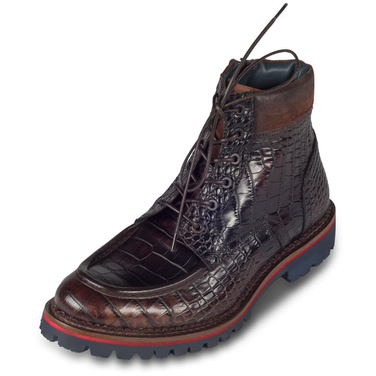 LORENZI Schnürstiefelette Herren mit Reißverschluß und Ziernaht, dunkel braun, Kalbsleder. Handgefertigt / durchgenäht in Italien. Schräge Ansicht linker Schuh