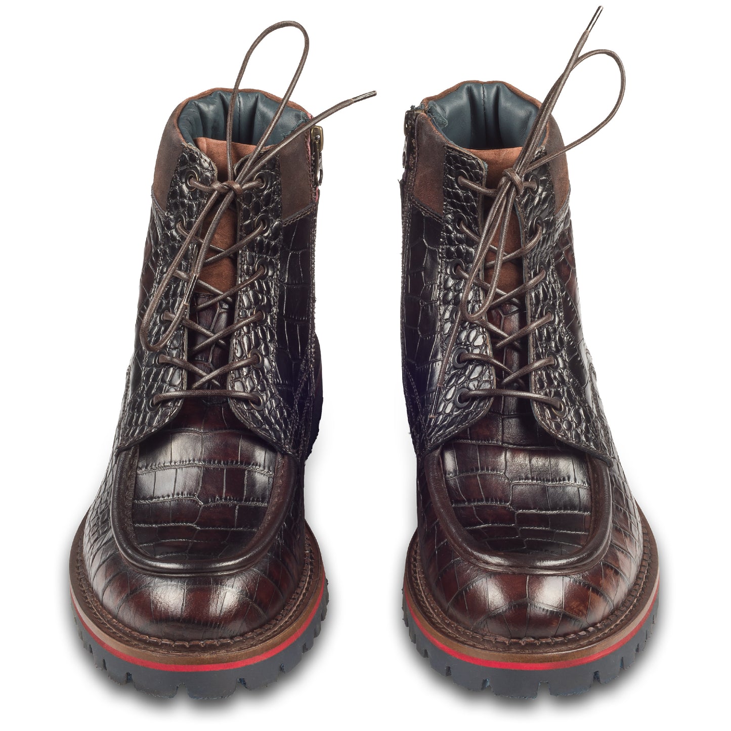 LORENZI Schnürstiefelette Herren mit Reißverschluß und Ziernaht, dunkel braun, Kalbsleder. Handgefertigt / durchgenäht in Italien. Paarweise Ansicht von vorne