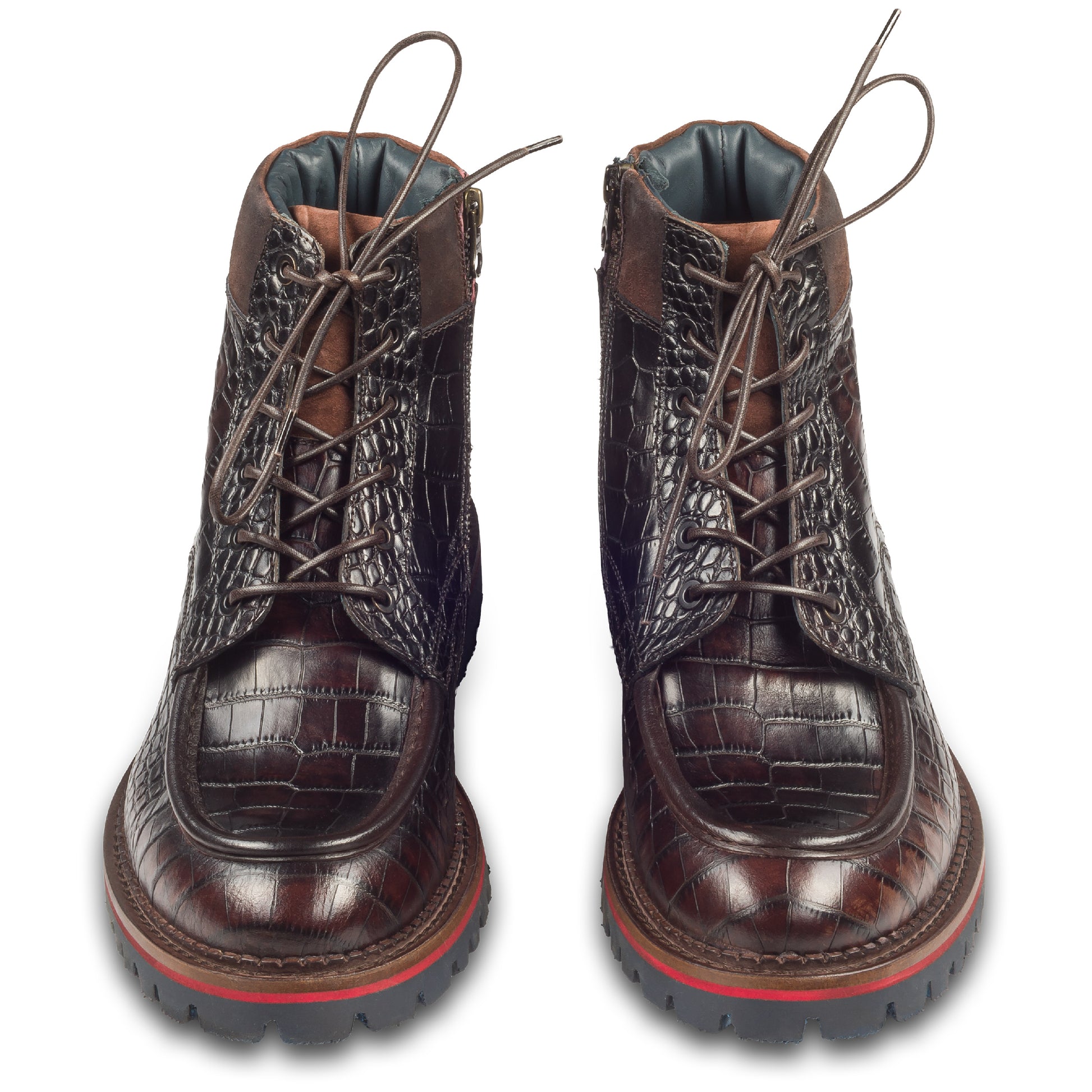 LORENZI Schnürstiefelette Herren mit Reißverschluß und Ziernaht, dunkel braun, Kalbsleder. Handgefertigt / durchgenäht in Italien. Paarweise Ansicht von vorne