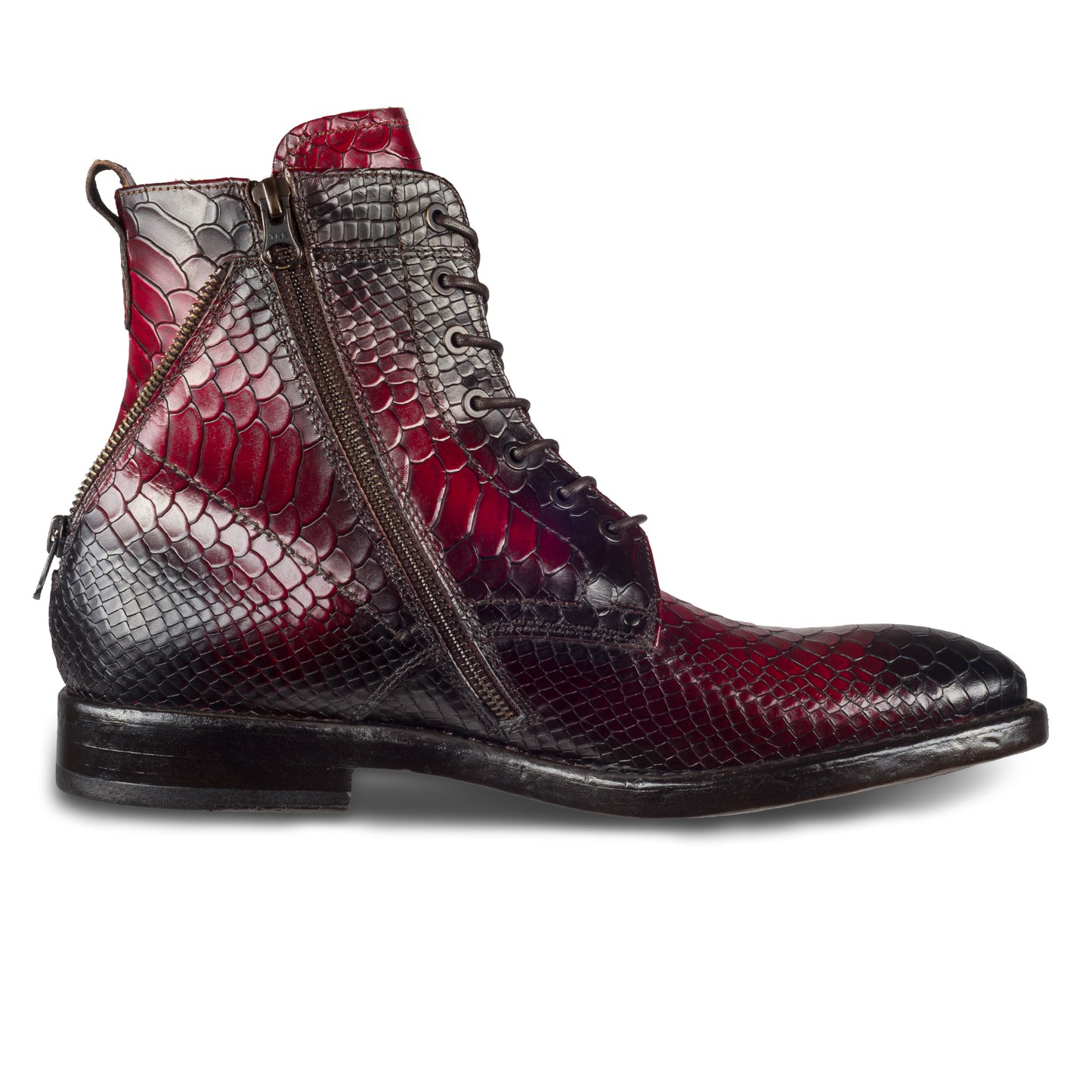 LORENZI Italienische Herren Leder-Schnürstiefel in rot/schwarz. Mit Krokoprägung und Reißverschluß, handgefertigt. Ansicht Innenseite linker Schuh