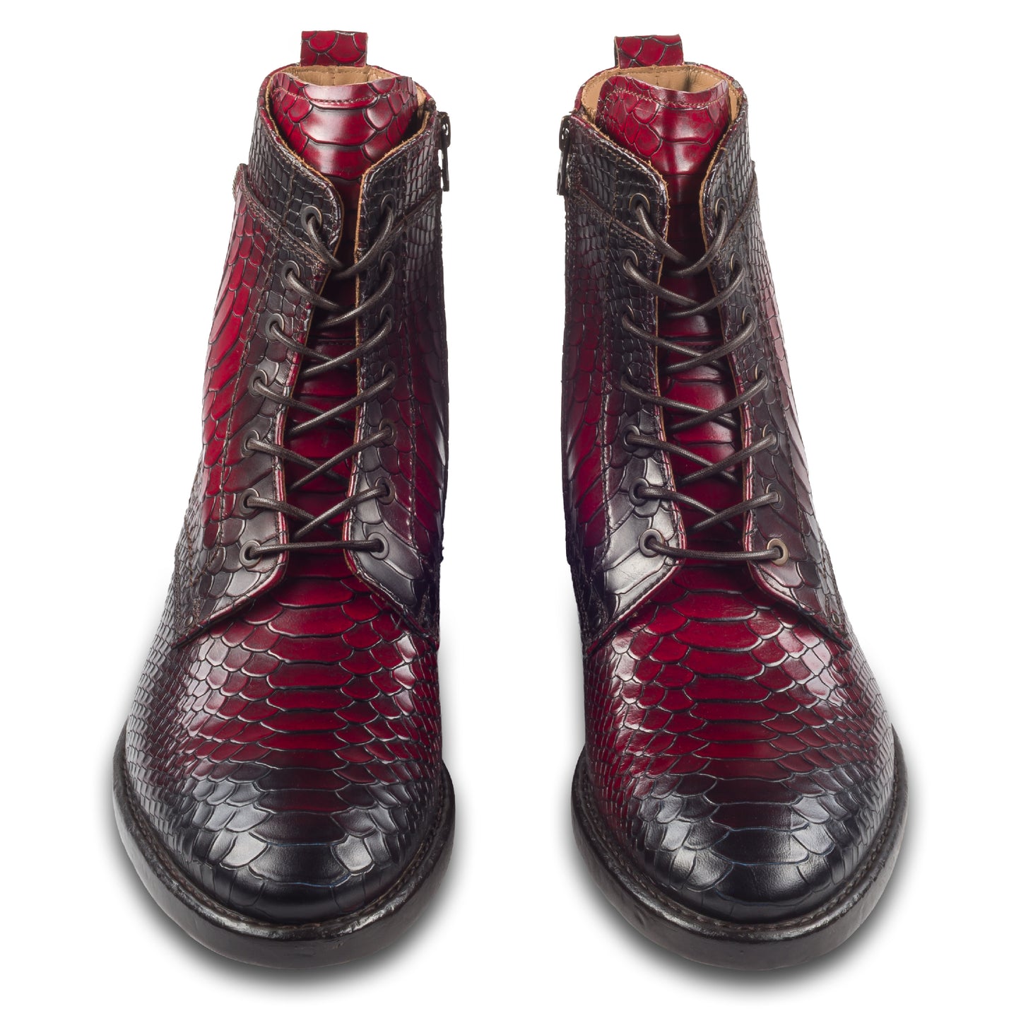 LORENZI Italienische Herren Leder-Schnürstiefel in rot/schwarz. Mit Krokoprägung und Reißverschluß, handgefertigt. Paarweise Ansicht von vorne