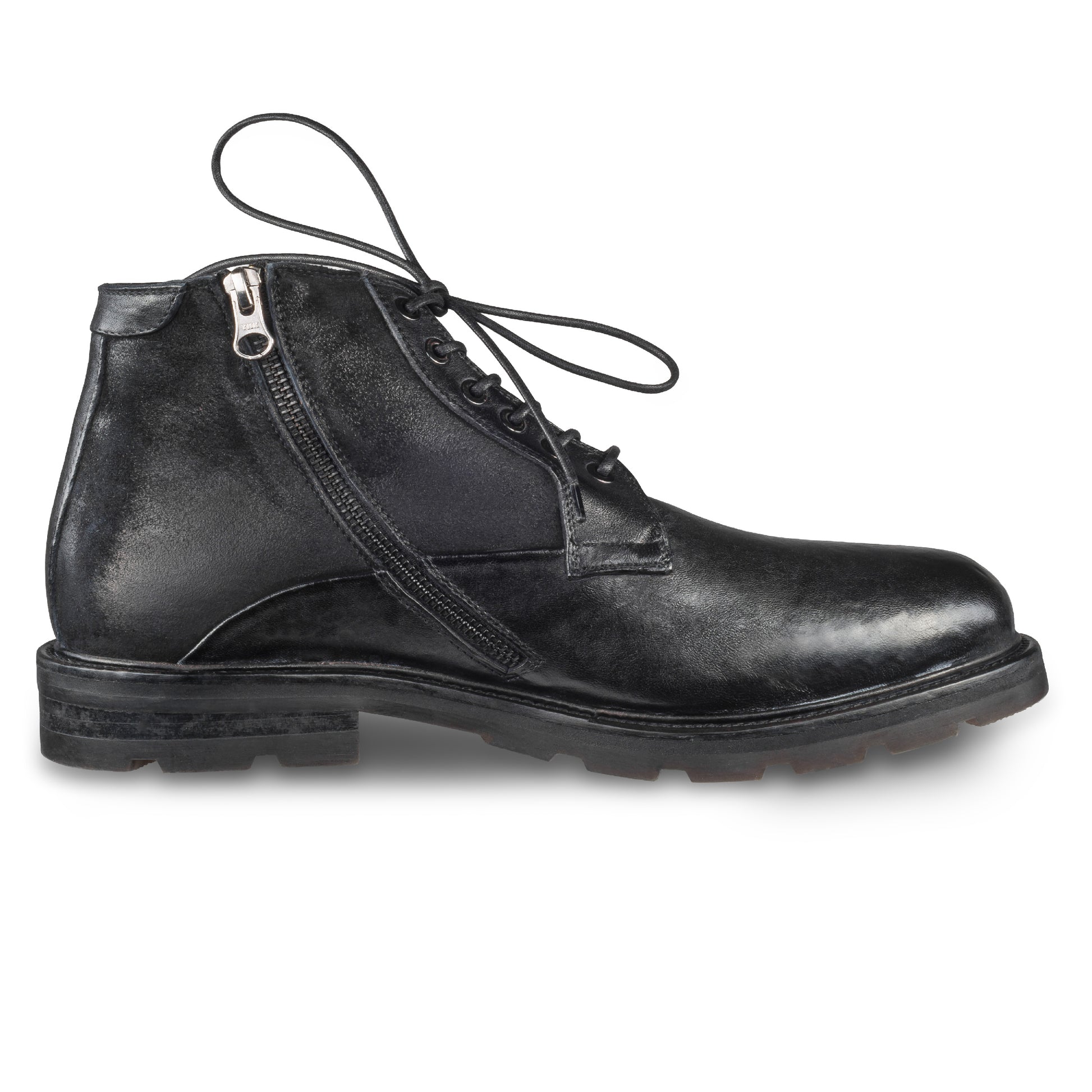 LORENZI Winterstiefelette Herren mit Lammfell & Reißverschluß. Schwarzes Glattleder mit Wildleder. Handgefertigt / durchgenäht in Italien. Ansicht Innenseite linker Schuh