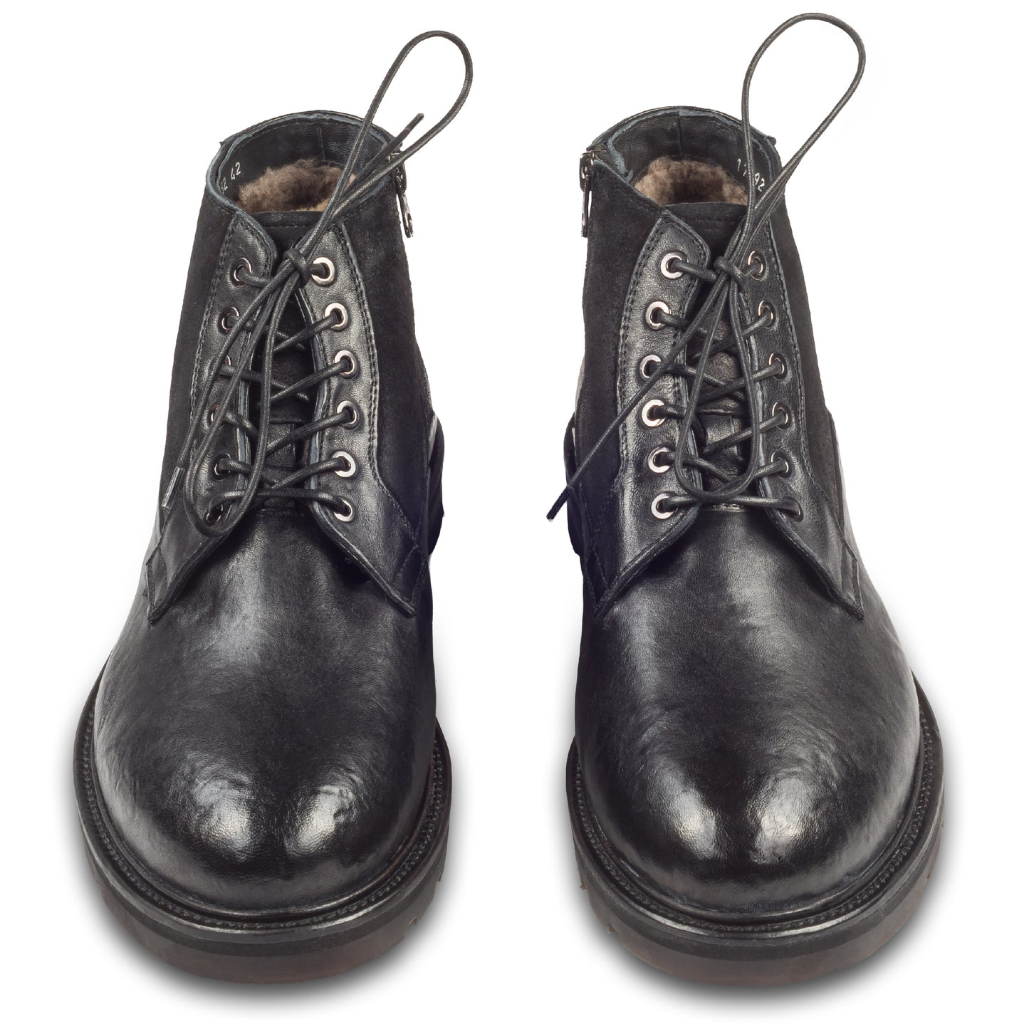 LORENZI Winterstiefelette Herren mit Lammfell & Reißverschluß. Schwarzes Glattleder mit Wildleder. Handgefertigt / durchgenäht in Italien. Paarweise Ansicht von vorne