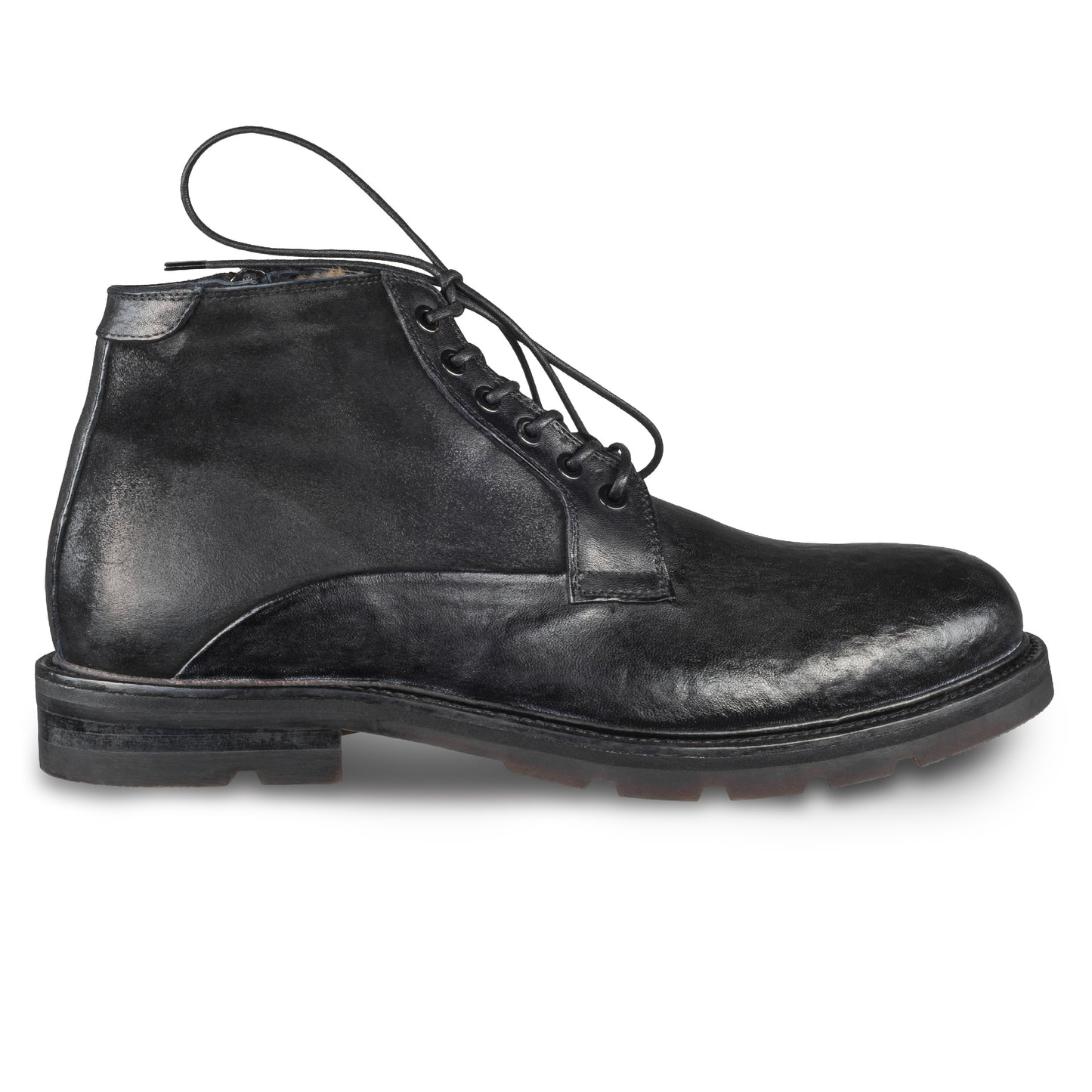 LORENZI Winterstiefelette Herren mit Lammfell & Reißverschluß. Schwarzes Glattleder mit Wildleder. Handgefertigt / durchgenäht in Italien. Ansicht Außenseite rechter Schuh