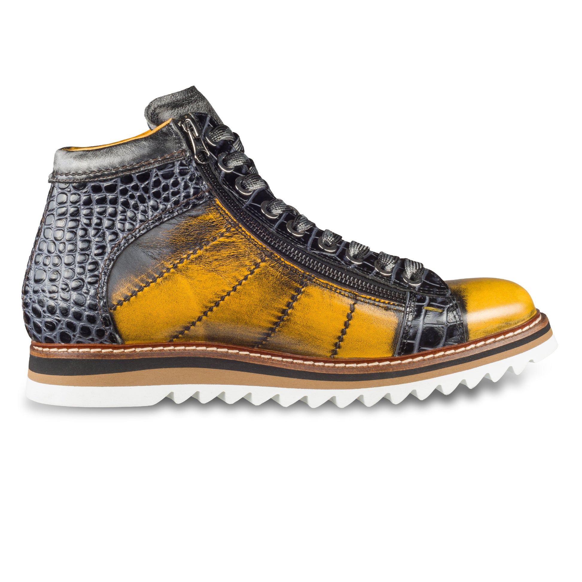 LORENZI Sneaker Stiefel Herren gelb/schwarz. Kalbsleder im used-look. Mit Reißverschluß. Handgefertigt / durchgenäht in Italien. Ansicht Innenseite linker Schuh