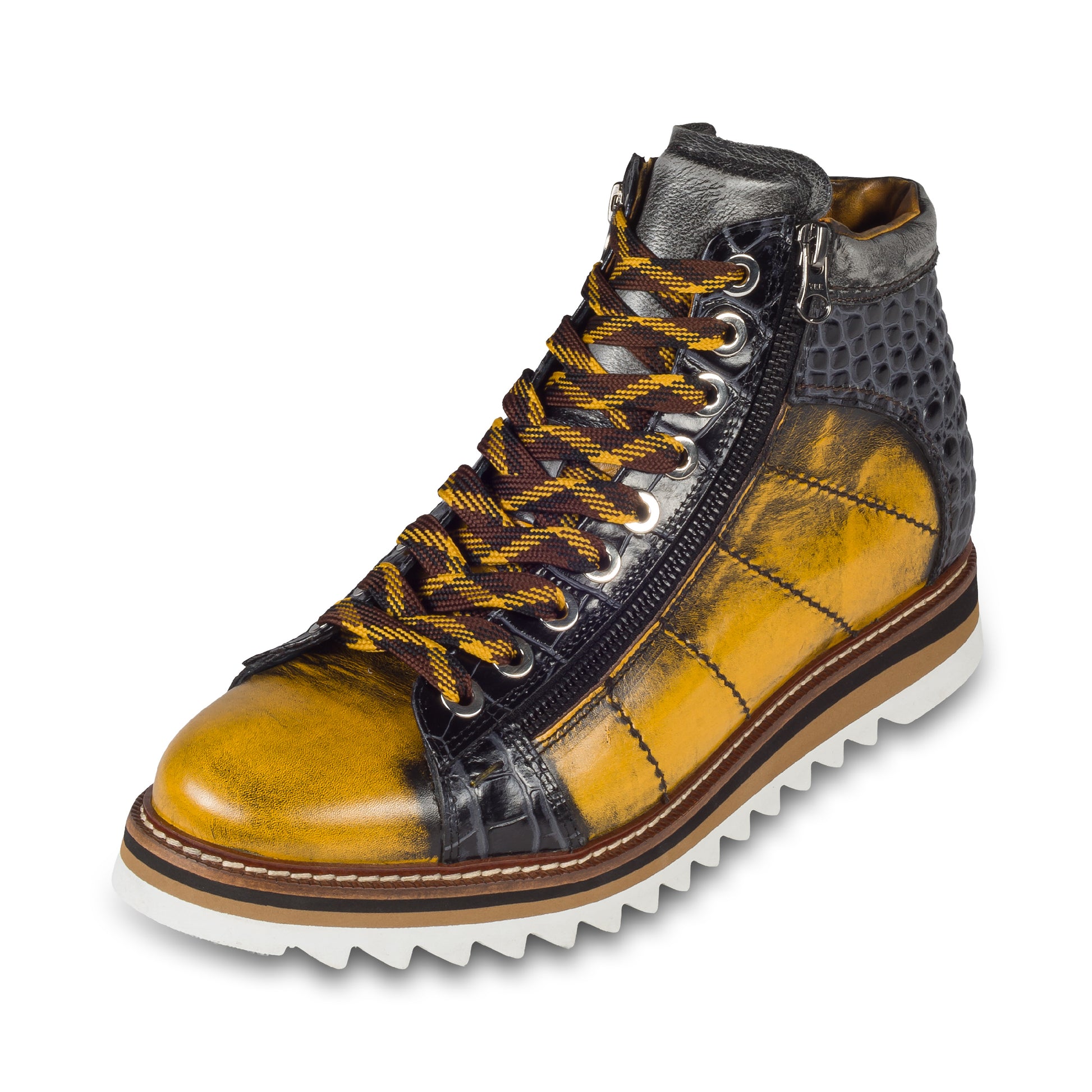 LORENZI Sneaker Stiefel Herren gelb/schwarz. Kalbsleder im used-look. Mit Reißverschluß. Handgefertigt / durchgenäht in Italien. Schräge Ansicht linker Schuh - gelbe Senkel