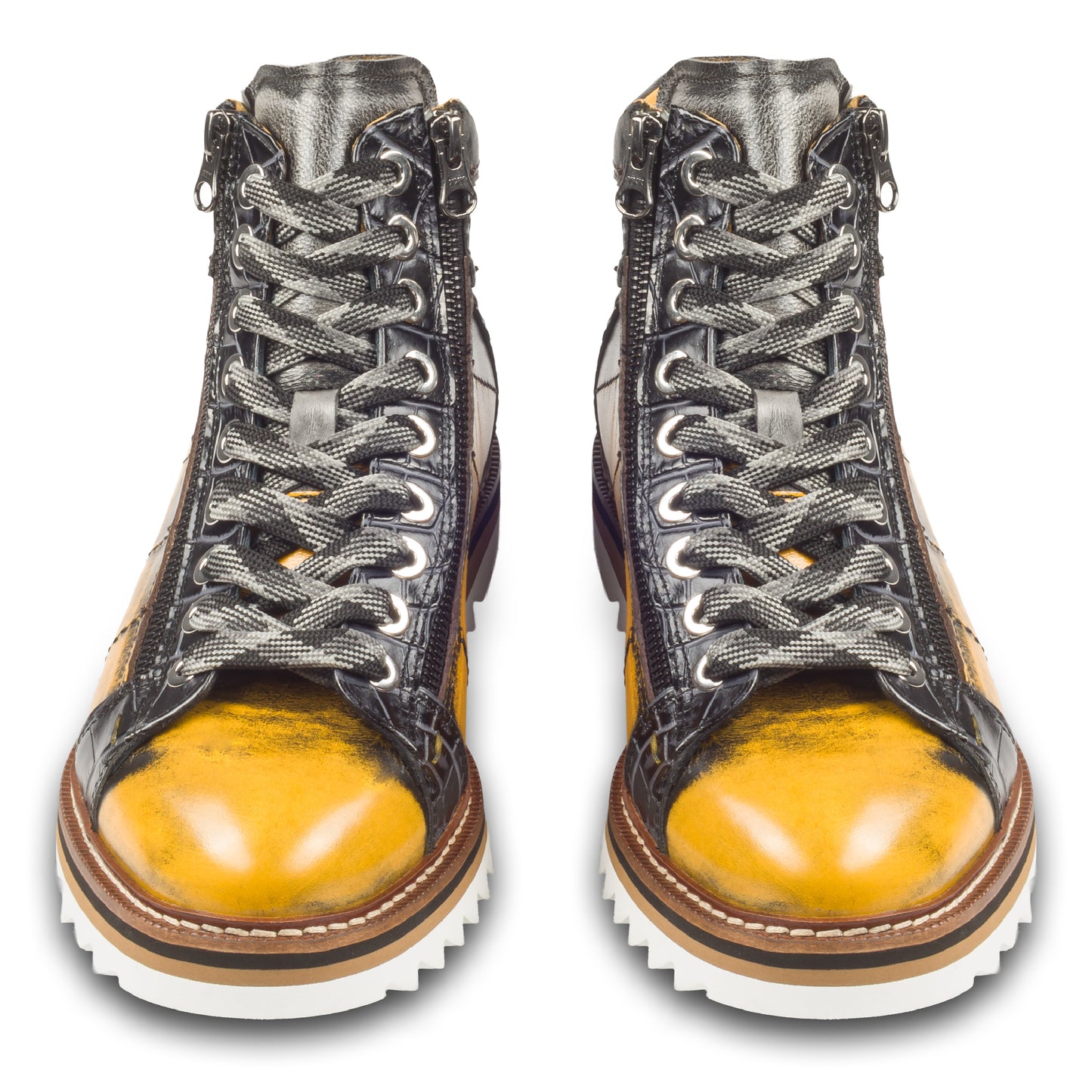 LORENZI Sneaker Stiefel Herren gelb/schwarz. Kalbsleder im used-look. Mit Reißverschluß. Handgefertigt / durchgenäht in Italien. Paarweise Ansicht von vorne