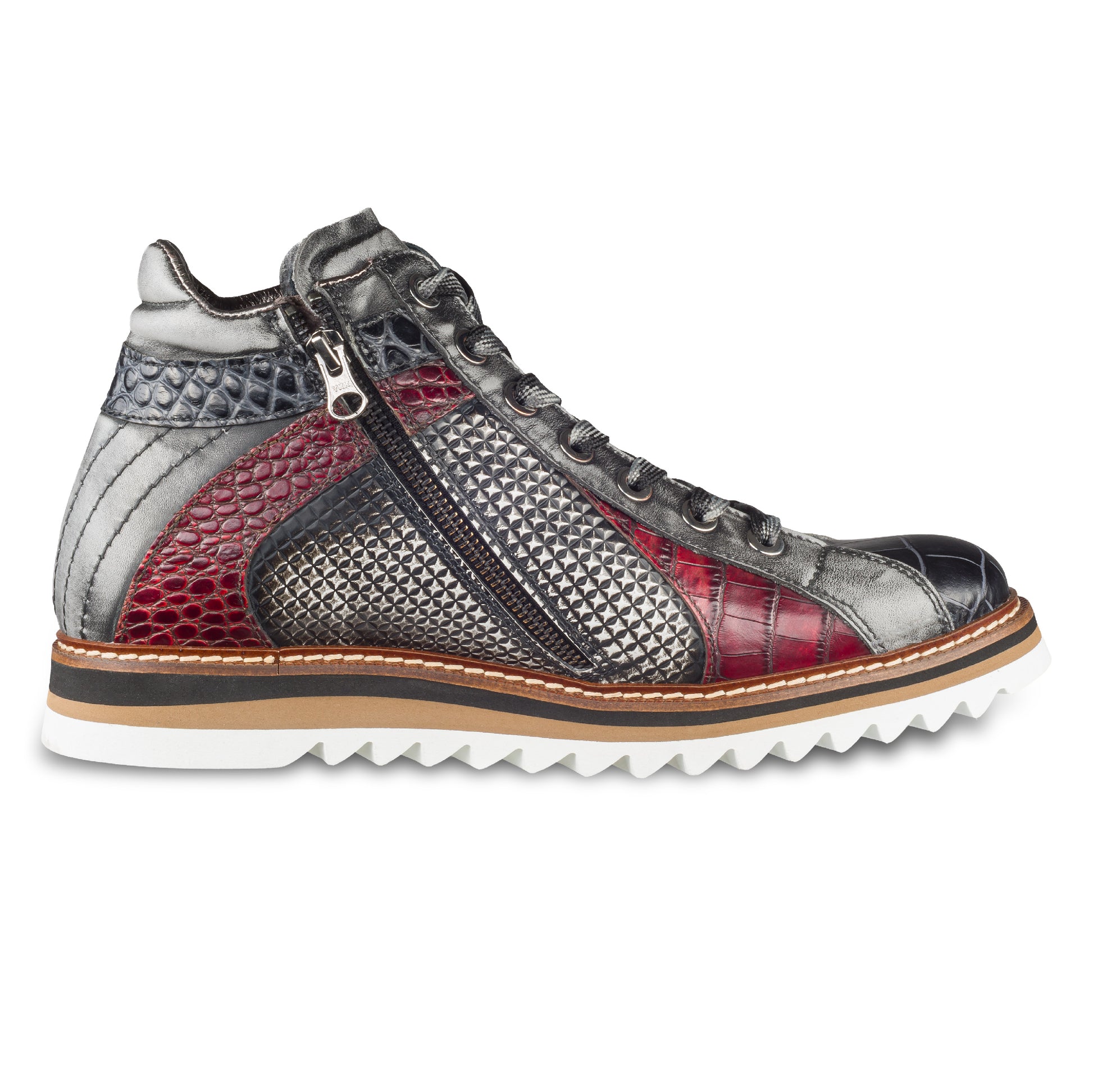 LORENZI Sneaker Stiefel Herren grau/rot/schwarz. Kalbsleder mit Krokoprägung. Mit Reißverschluß. Handgefertigt / durchgenäht in Italien. Ansicht Innenseite linker Schuh