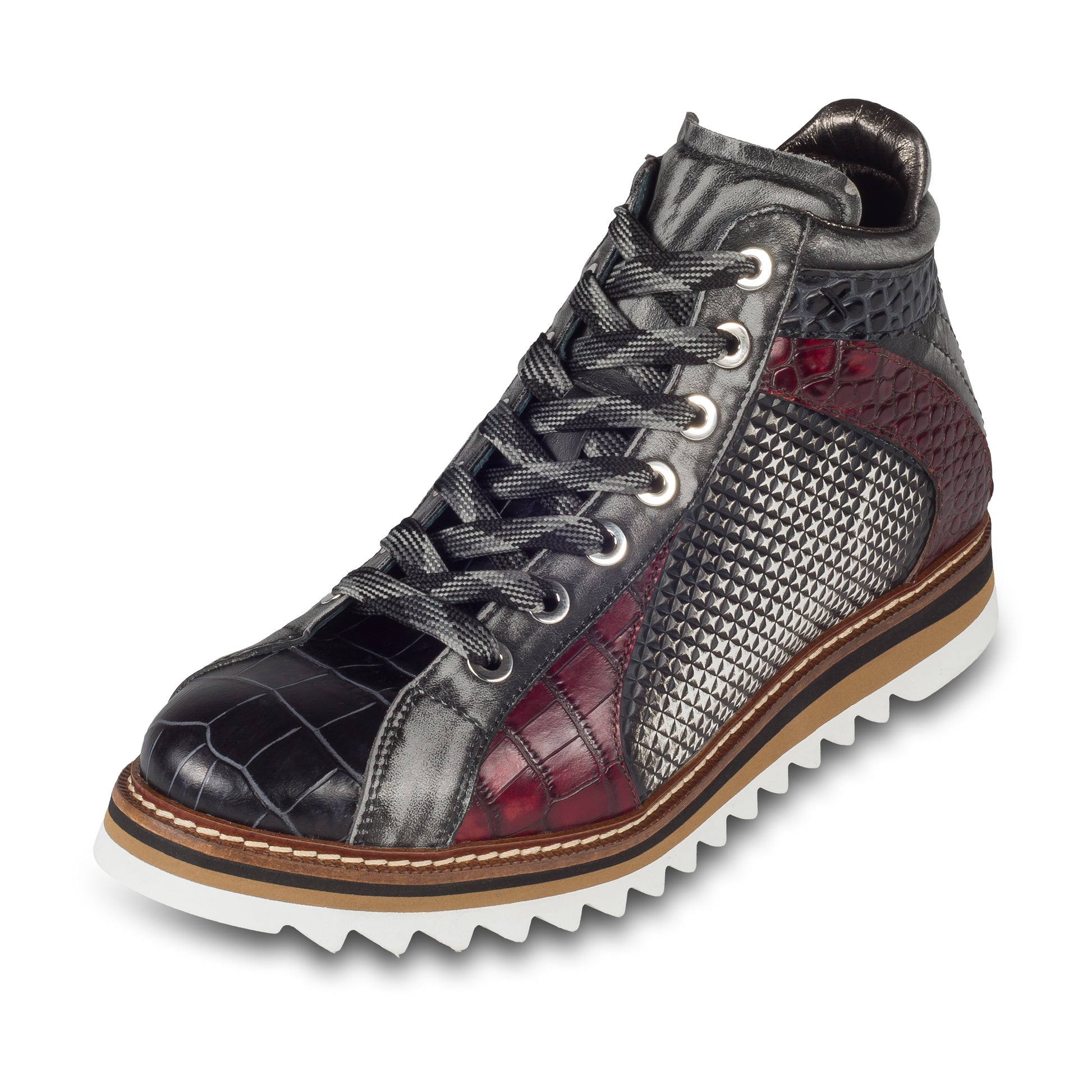 LORENZI Sneaker Stiefel Herren grau/rot/schwarz. Kalbsleder mit Krokoprägung. Mit Reißverschluß. Handgefertigt / durchgenäht in Italien. Schräge Ansicht linker Schuh