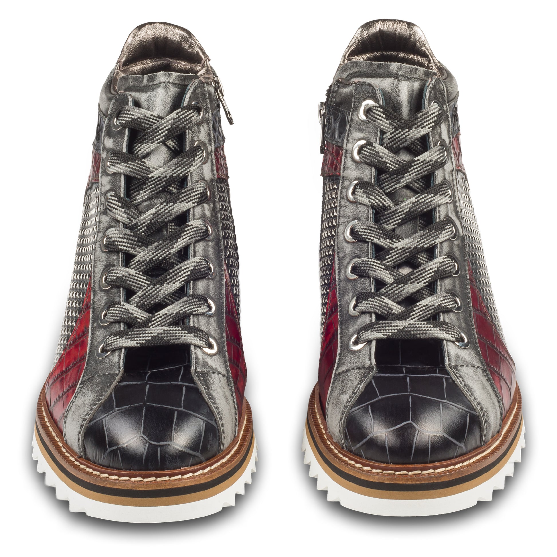 LORENZI Sneaker Stiefel Herren grau/rot/schwarz. Kalbsleder mit Krokoprägung. Mit Reißverschluß. Handgefertigt / durchgenäht in Italien. Paarweise Ansicht von vorne