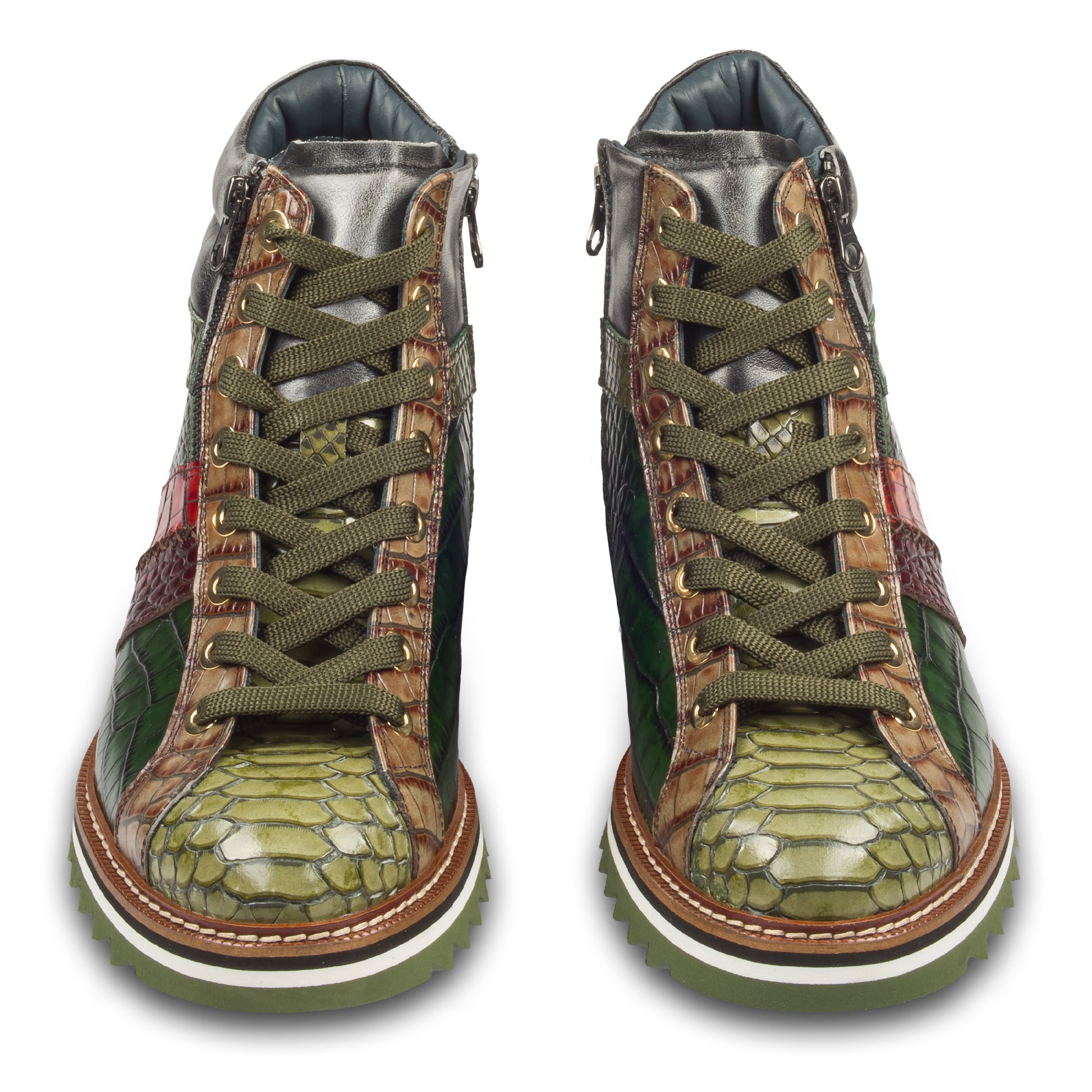 Lorenzi Italienische Herren Leder-Sneaker Stiefel in grün mit Kroko-Prägung und Reißverschluß. Handgefertigt. Paarweise Ansicht Außenseite von vorne