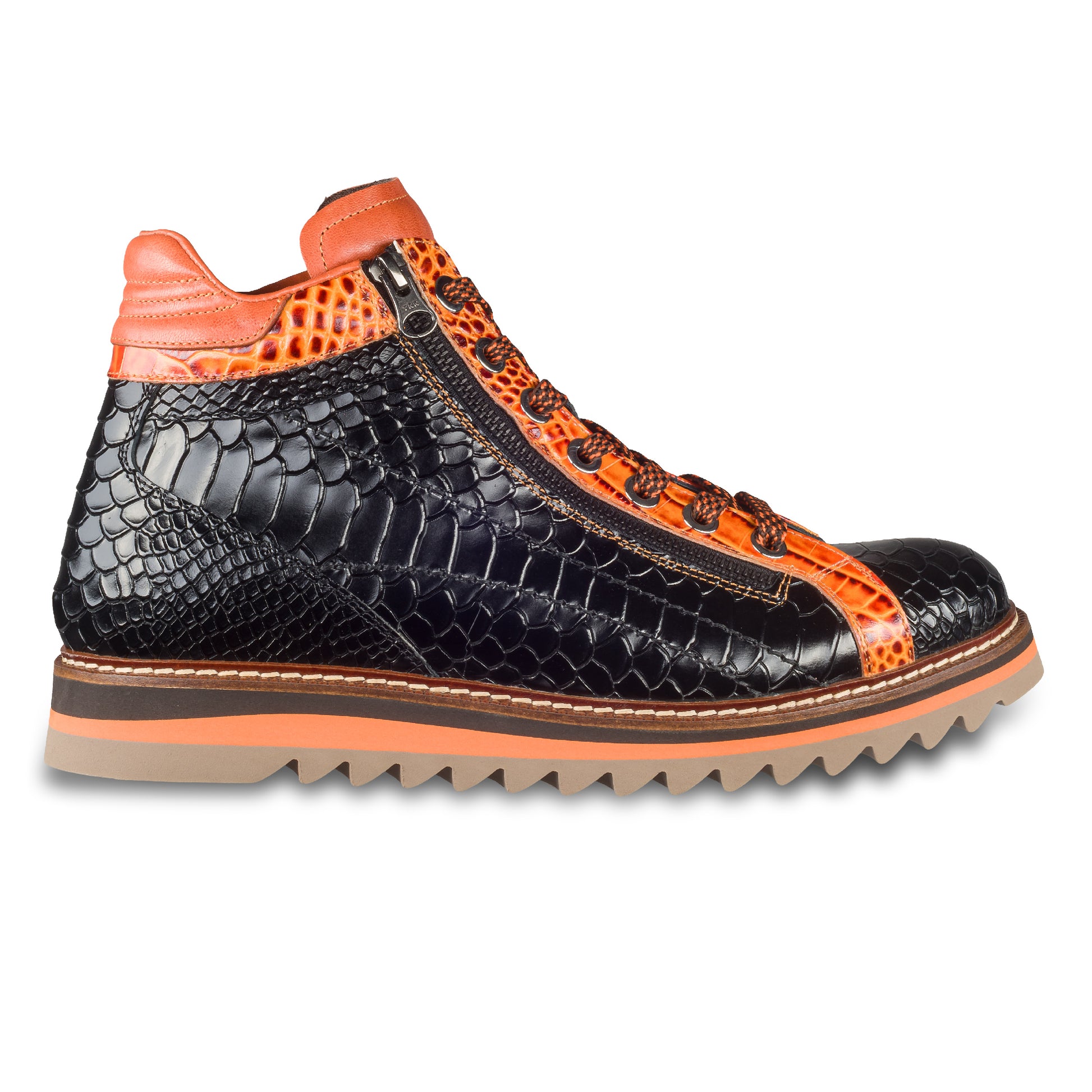 LORENZI Sneaker Stiefel Herren schwarz/orange. Kalbsleder mit Krokoprägung. Mit Reißverschluß. Handgefertigt / durchgenäht in Italien. Ansicht Außenseite rechter Schuh