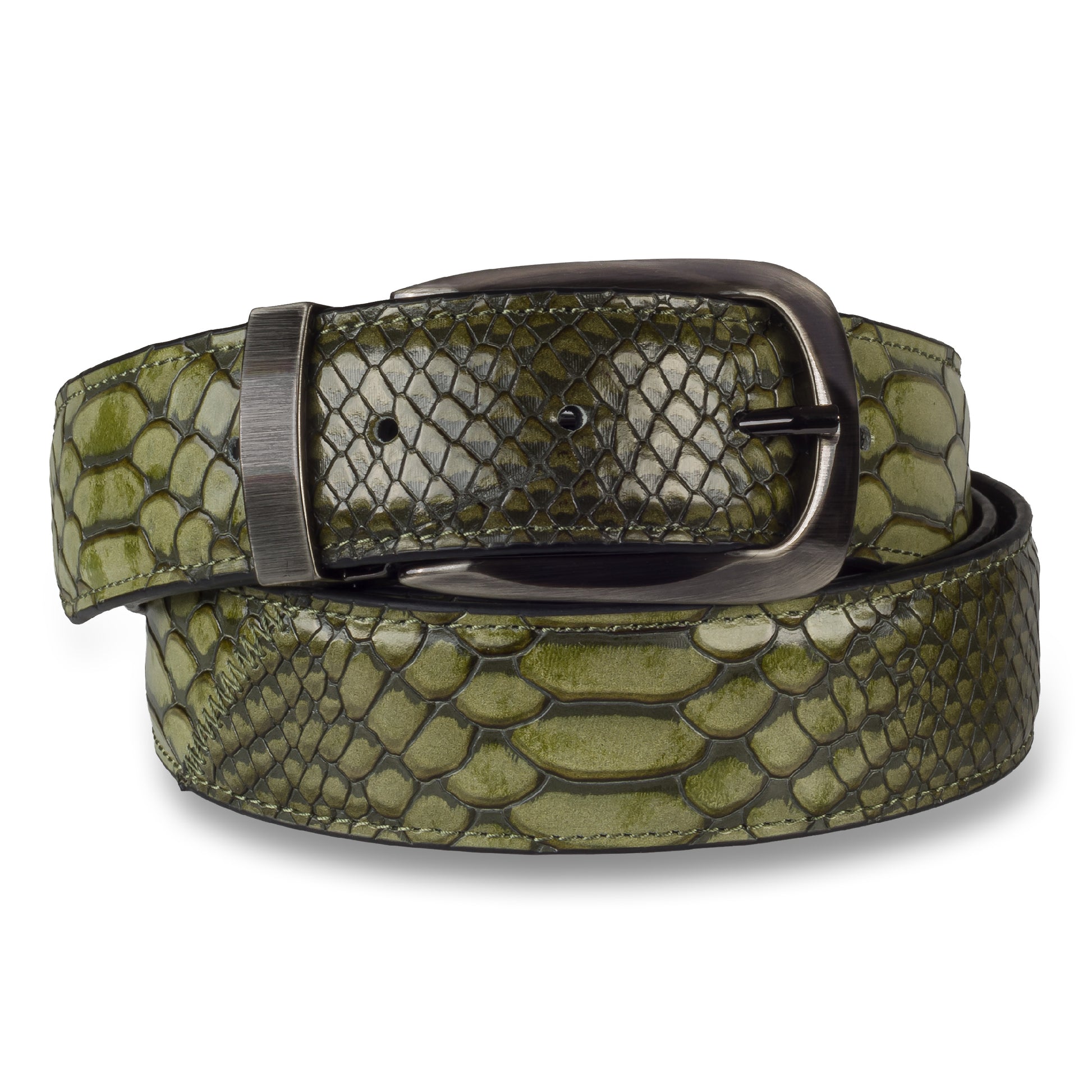 LORENZI Ledergürtel in Reptilprägung grün, Farbname Fresh verde. Schließe anthrazit-farben. Länge kürzbar. Made in Italy.