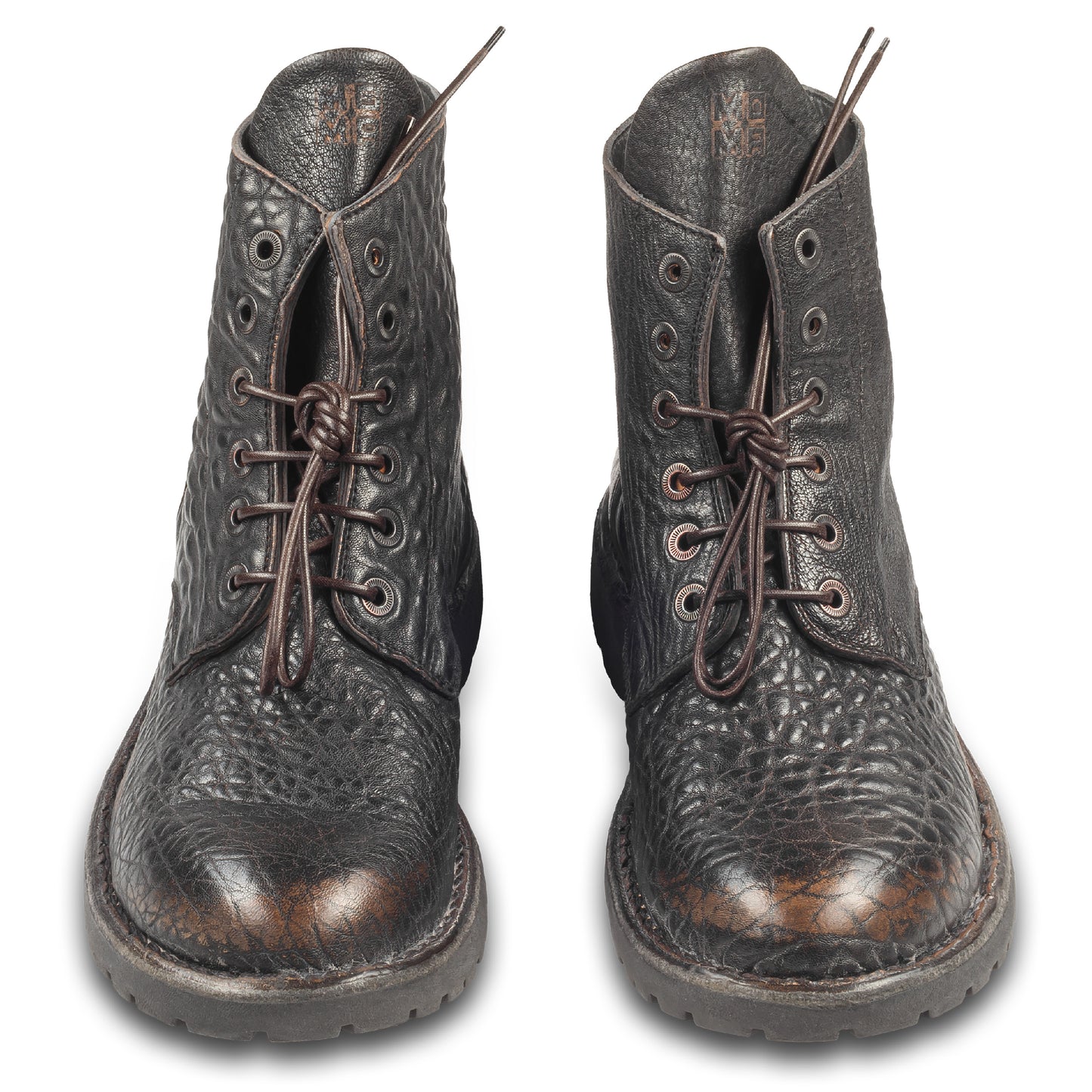 MOMA Schnürstiefelette Herren, braun/schwarz - Genarbtes Kalbsleder used-Look. handgefertigt / durchgenäht in Italien. Paarweise Ansicht von vorne.
