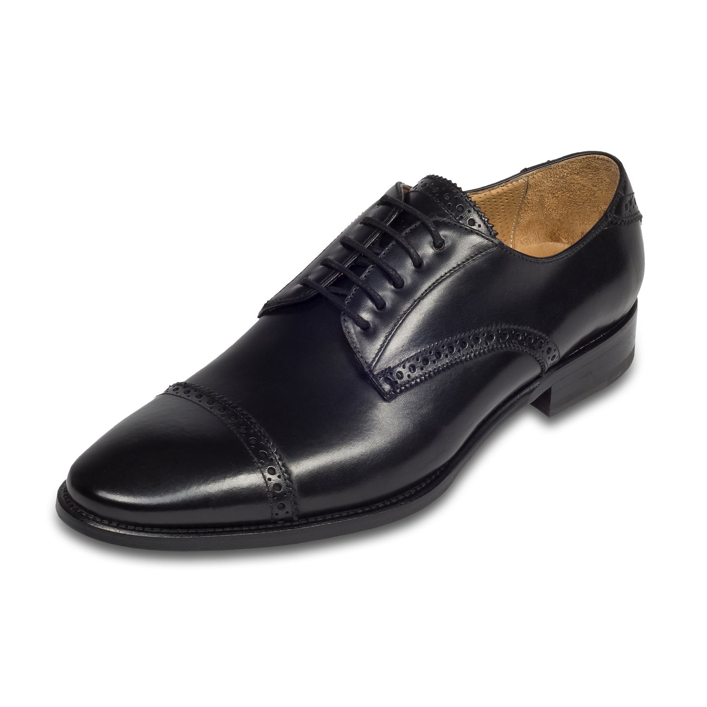 BRECOS Anzugschuhe | Quarter-Brogue Derby schwarz, Kalbsleder Schnürer, durchgenäht