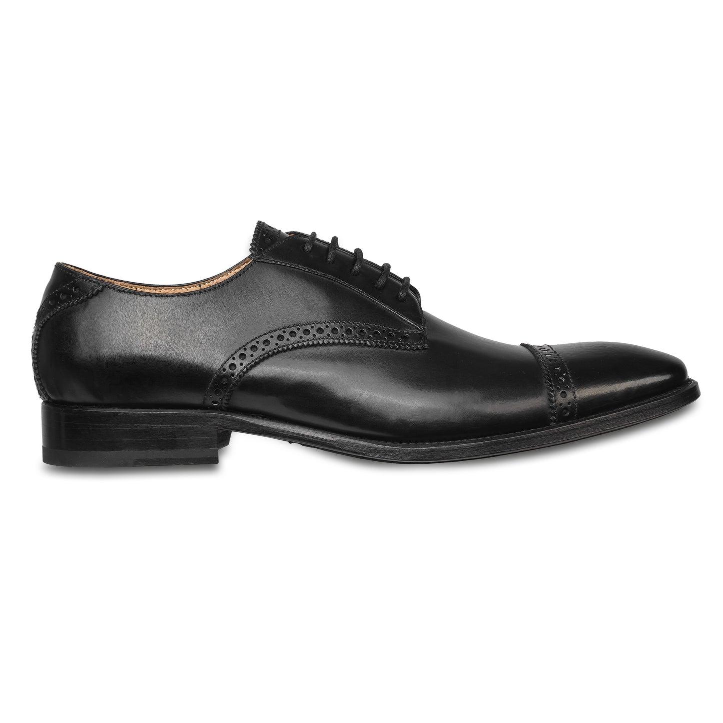 BRECOS Anzugschuhe | Quarter-Brogue Derby schwarz, Kalbsleder Schnürer, durchgenäht