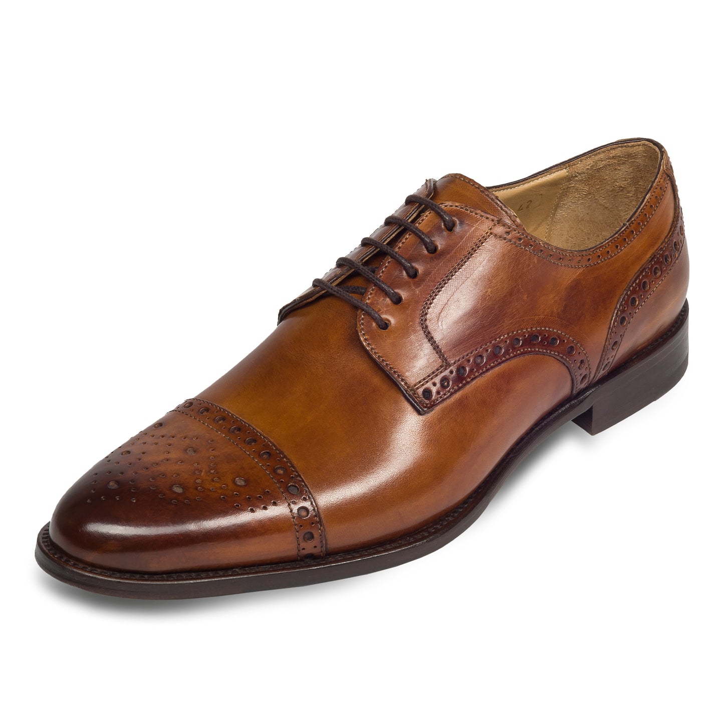 BRECOS Anzugschuhe | Half-Brogue Derby cognac braun, Kalbsleder Schnürer, durchgenäht