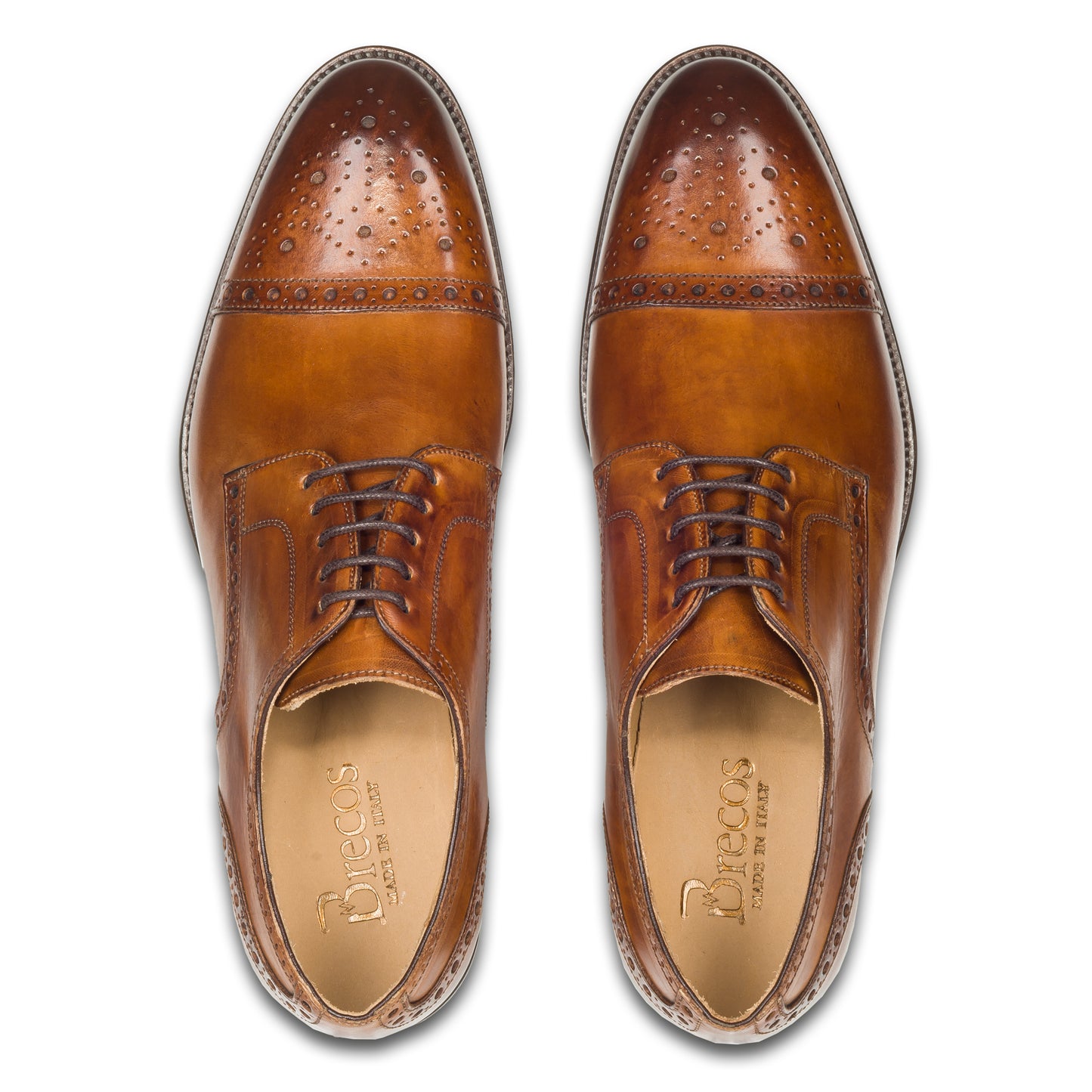 BRECOS Anzugschuhe | Half-Brogue Derby cognac braun, Kalbsleder Schnürer, durchgenäht