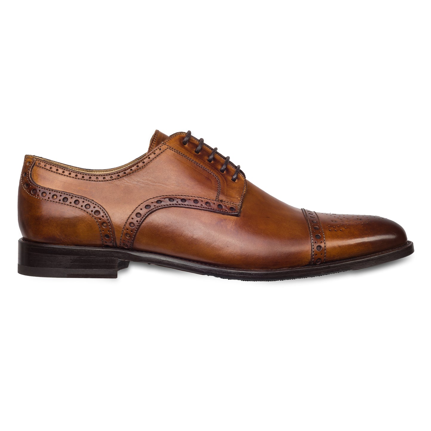 BRECOS Anzugschuhe | Half-Brogue Derby cognac braun, Kalbsleder Schnürer, durchgenäht