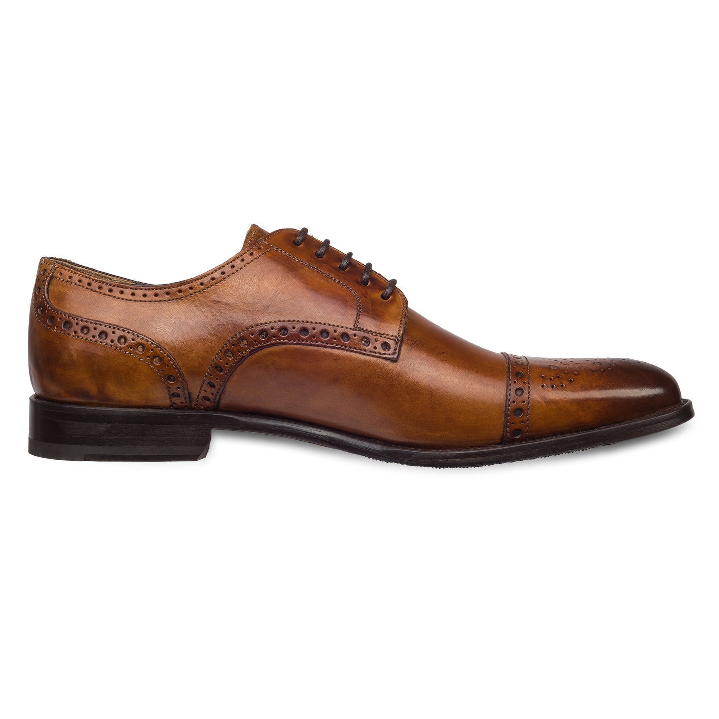BRECOS Anzugschuhe | Half-Brogue Derby cognac braun, Kalbsleder Schnürer, durchgenäht